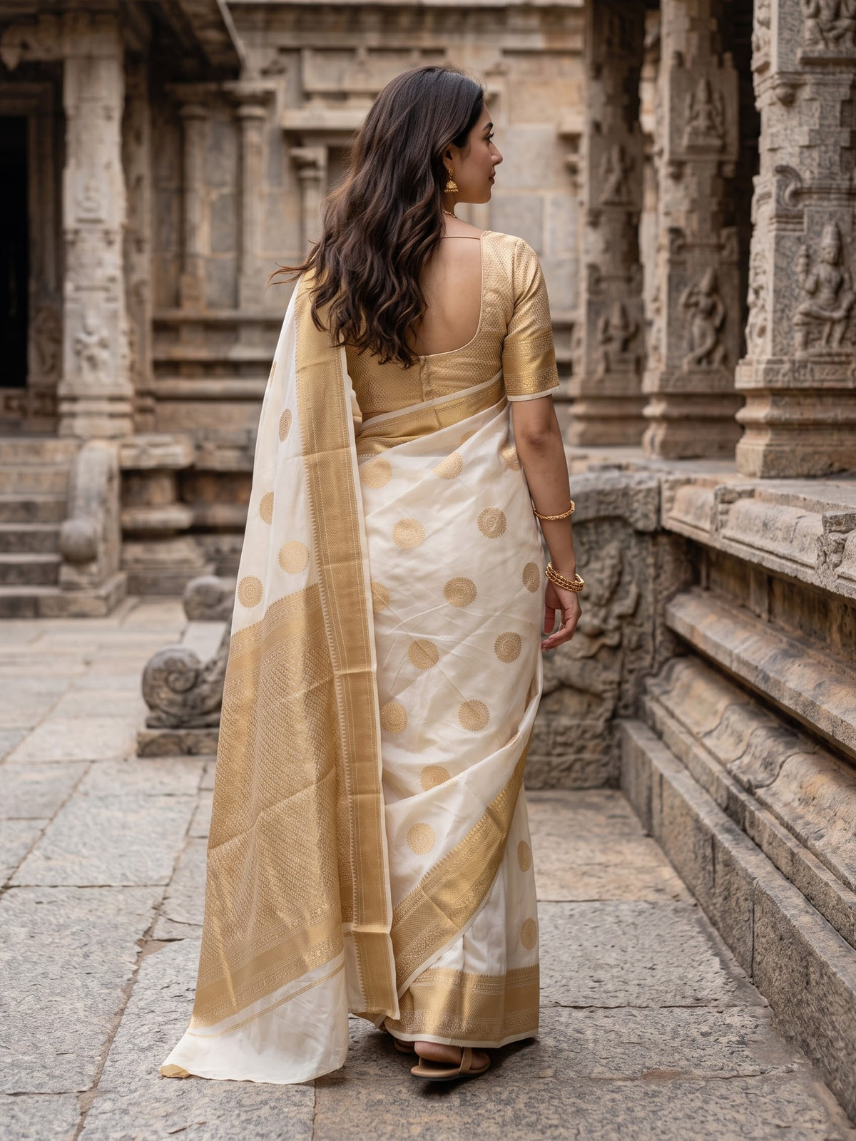 Semi Silk Cream Golden Zari Jaal Pallu Saree with Peacock Medallion Butta