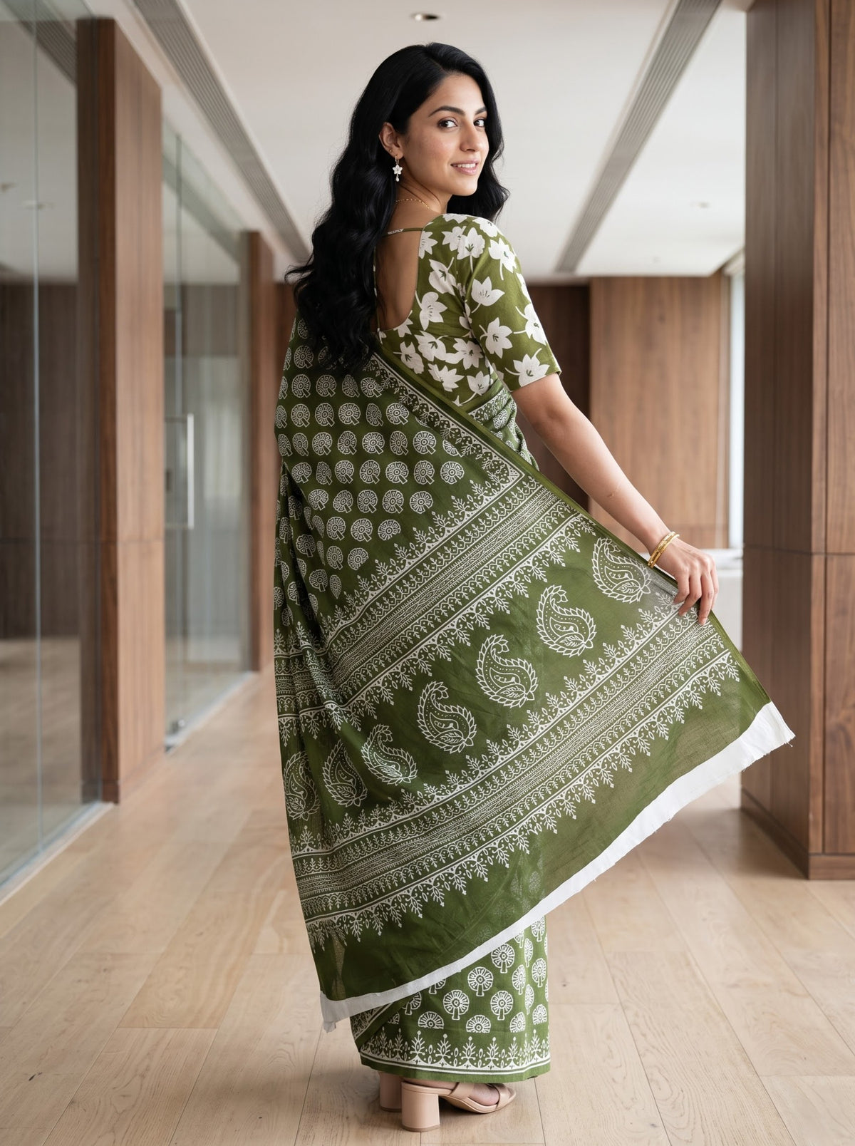 Cotton Olive Green Saree with White Paisley Motif Printed Pallu and Floral Butta Body