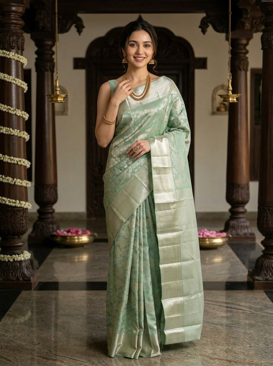 Woman in a light green saree standing in a decorated indoor setting.