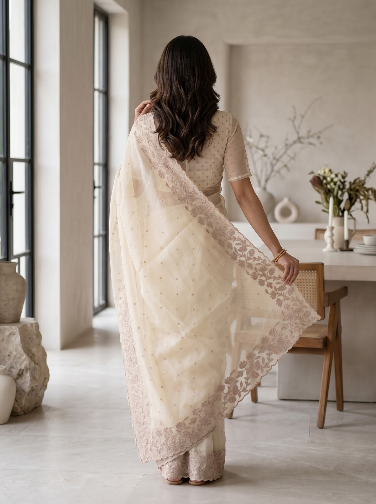 Organza Cream Saree with Mauve Floral Border Embroidery