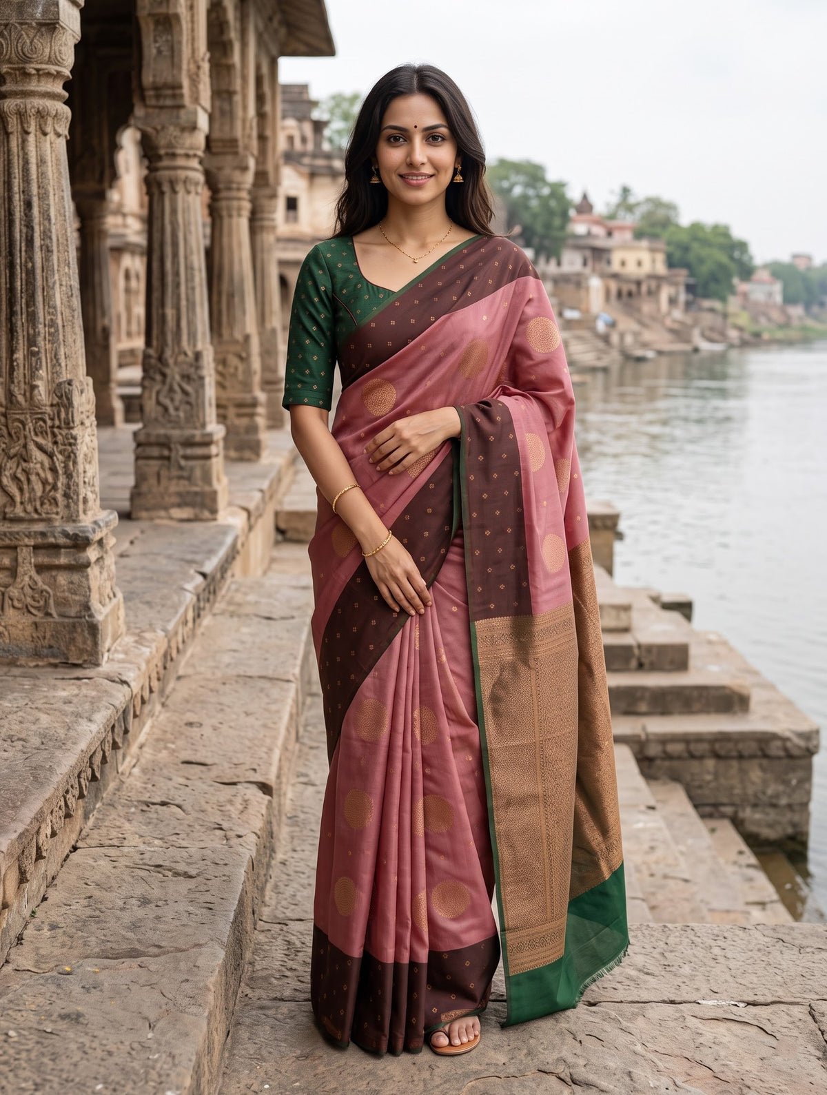 A woman wearing a dusty pink and brown silk saree with a green blouse, standing on stone steps next to a river.