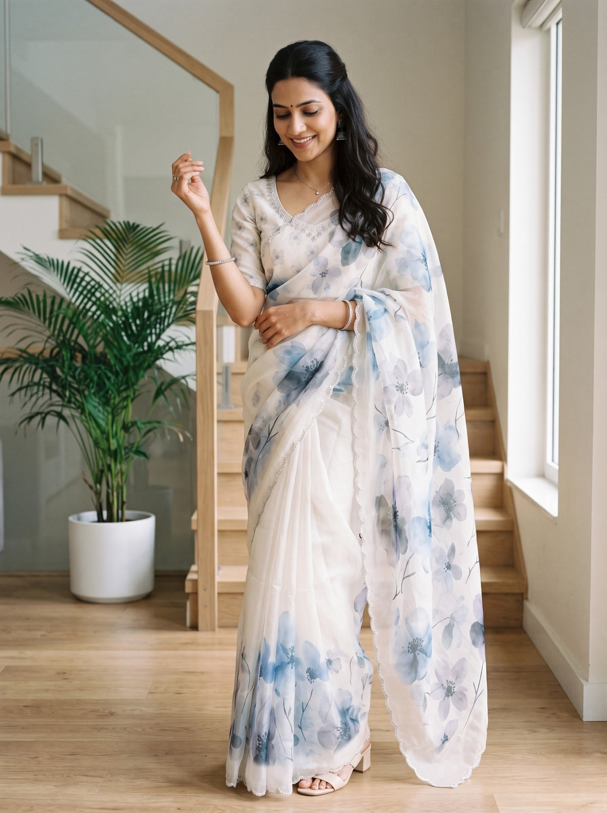Organza Cream Saree with Blue Grey Watercolor Floral Print Pallu and Stone Scalloped Border