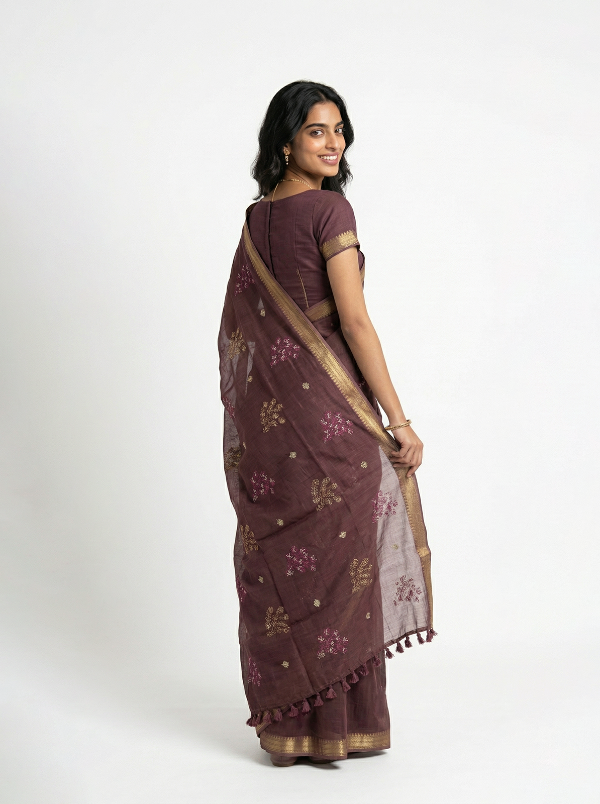 Chanderi  Wine Brown Embroidered Border Saree