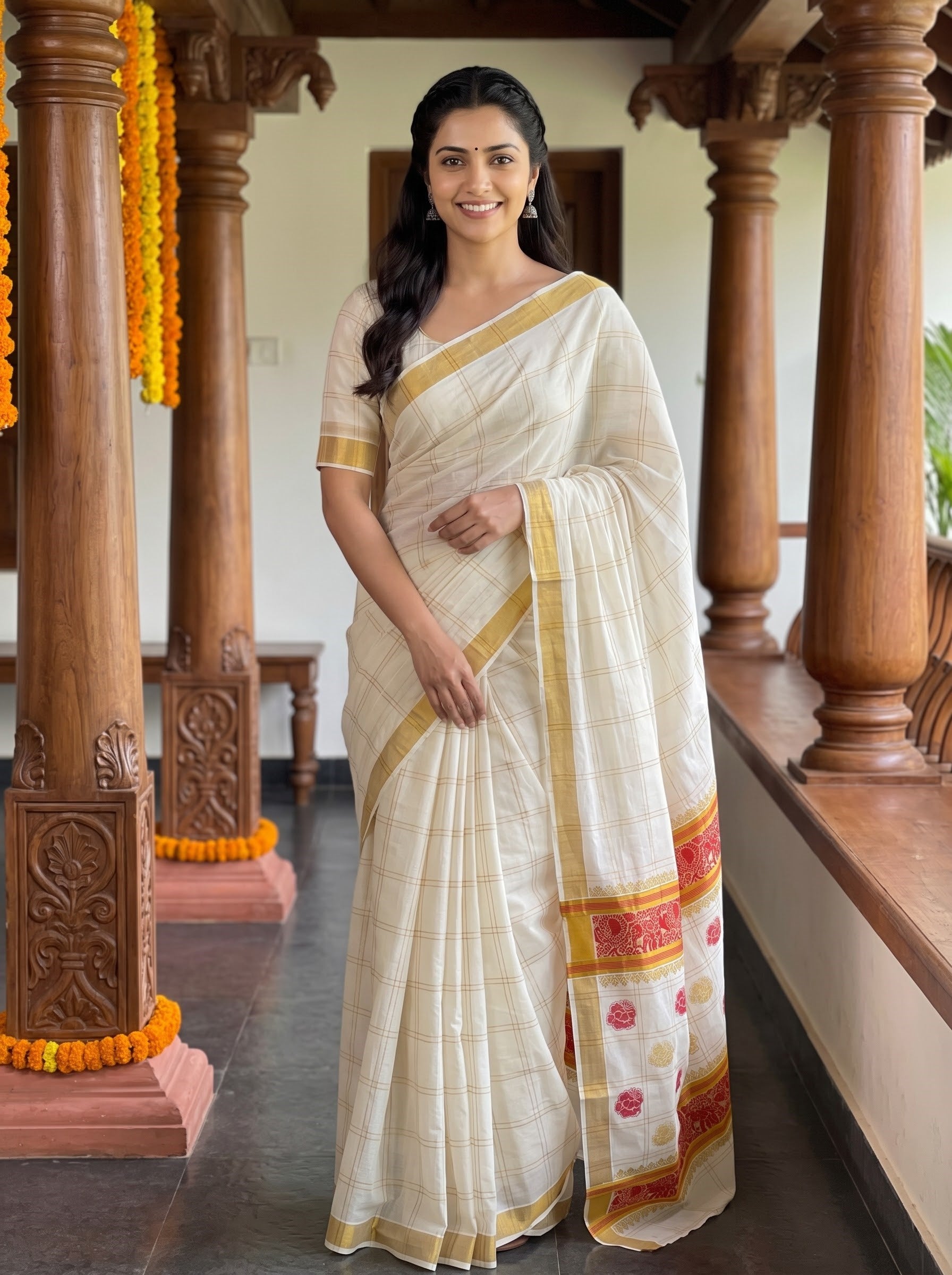 Cotton Cream Checkered with Golden Border and Red Motif Pallu Onam Special Kerala Saree