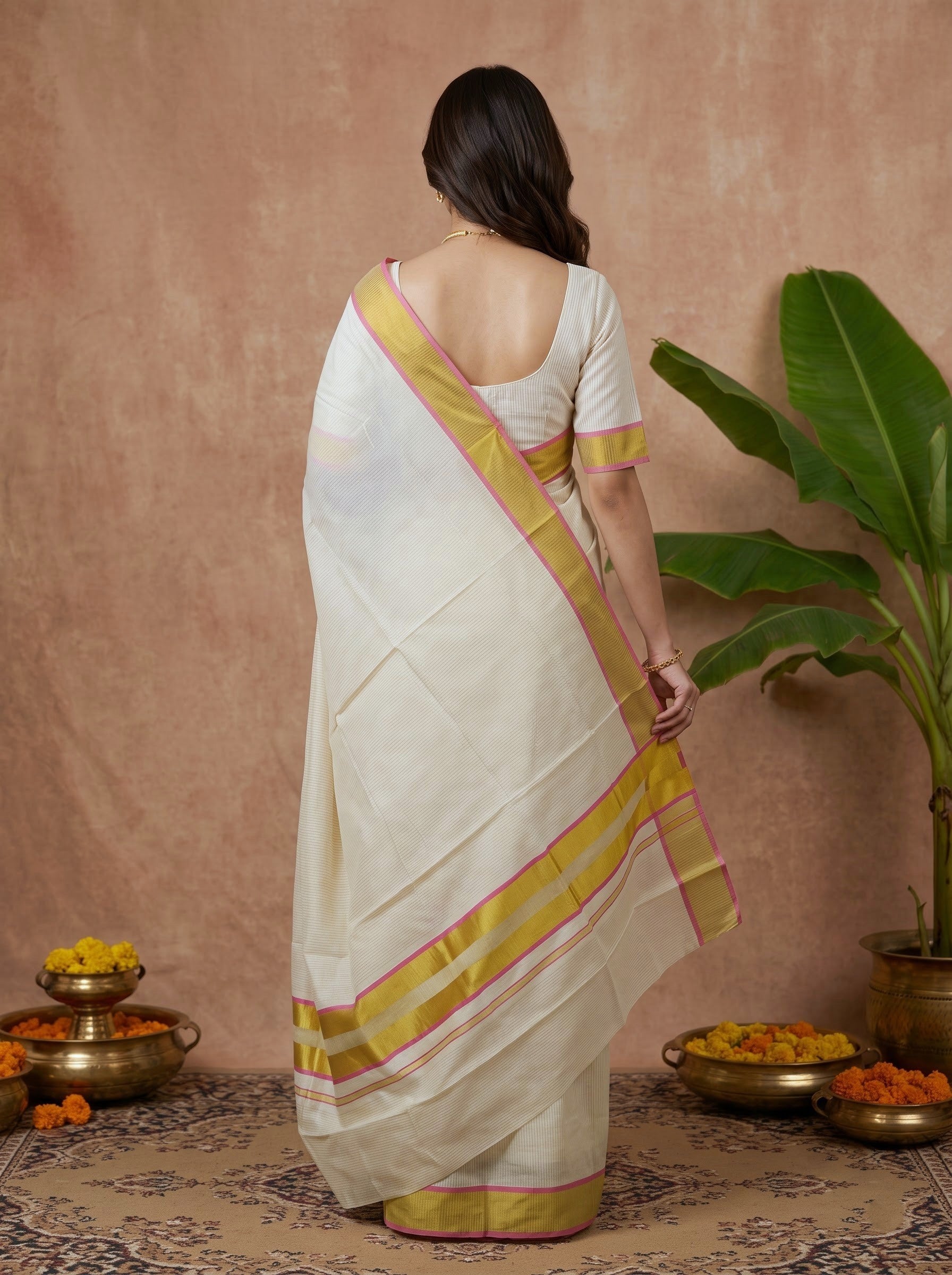Cotton Cream Fine Pinstripe with Golden Pink Border Onam Special Kerala Saree