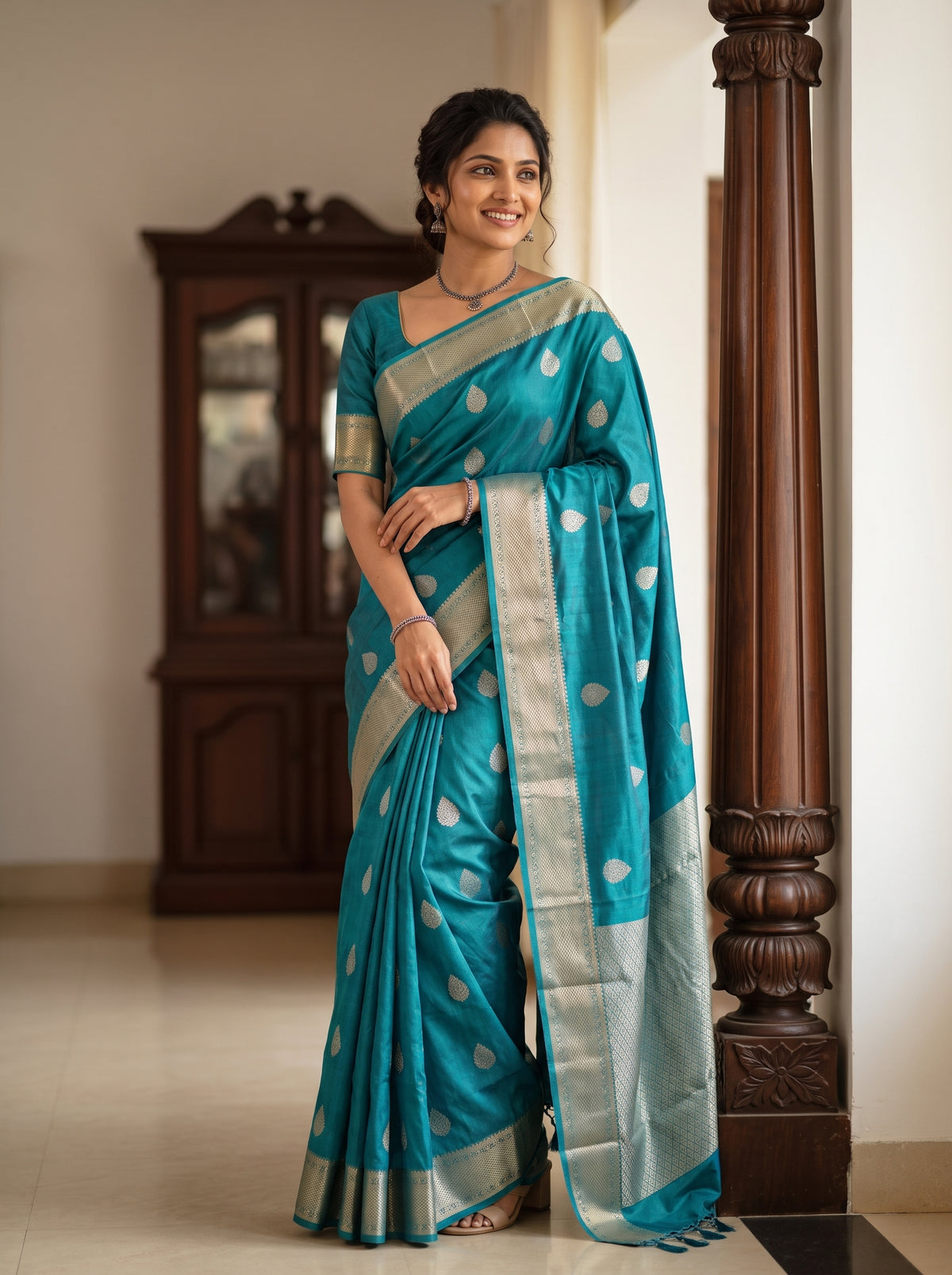 Semi Silk Teal Green Golden Zari Jaal Pallu Saree with Butta Body