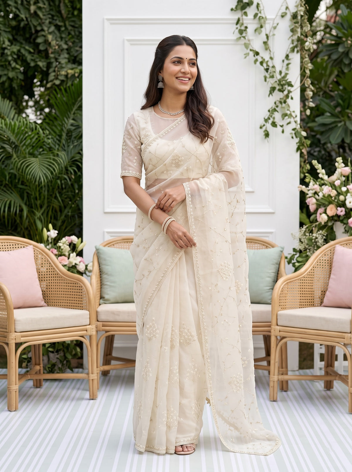 Organza Off White Beaded Floral Vine Saree with Embellished Border