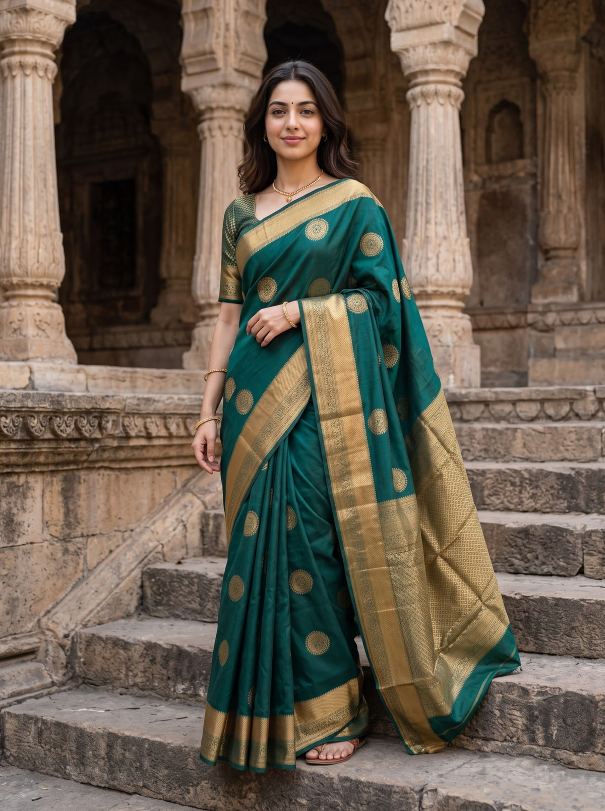 Semi Silk Green Saree with Golden Zari Woven Geometric Pallu and Peacock Paisley Buttas