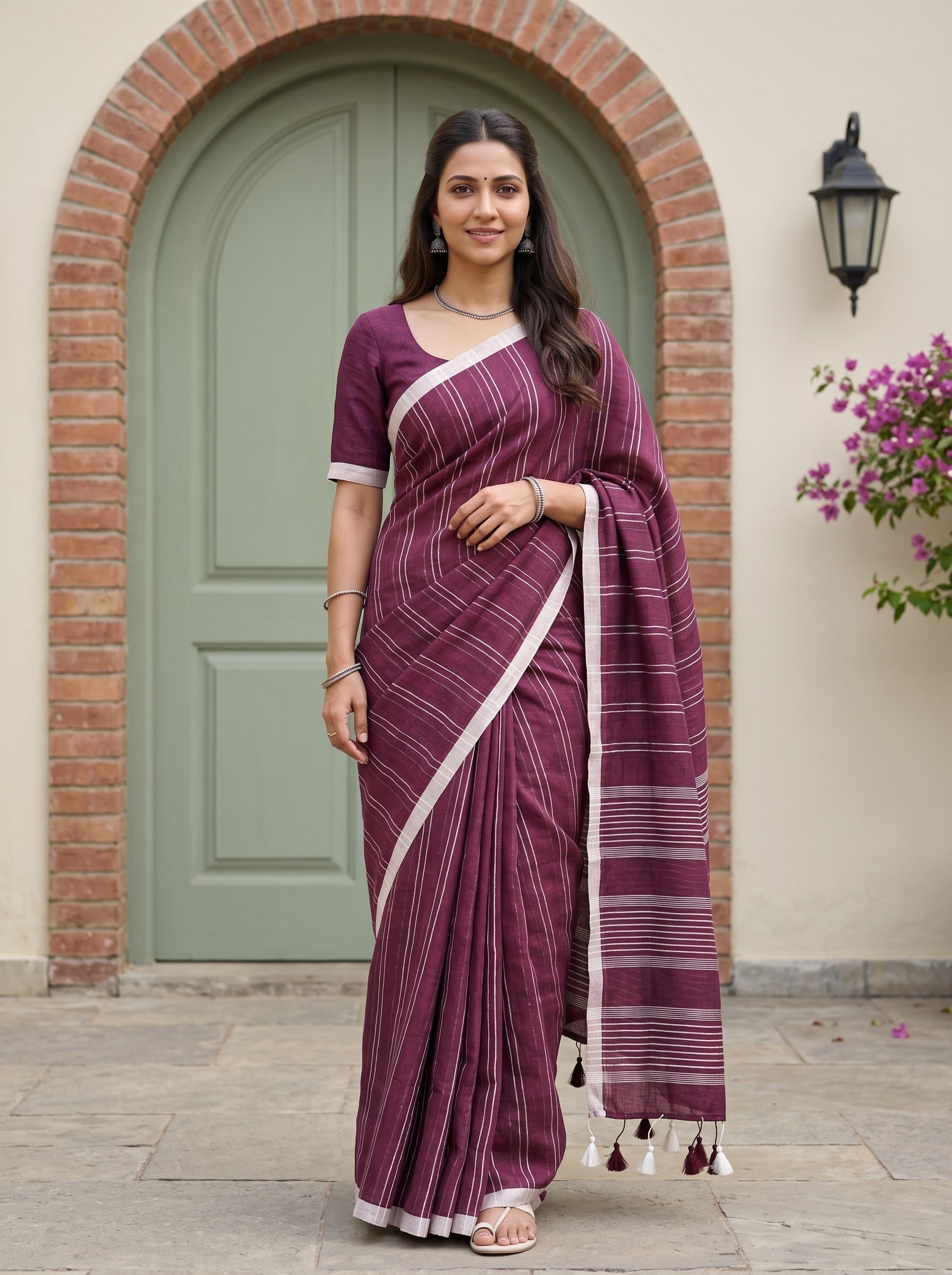 Linen Maroon White Striped Border Tasseled Saree