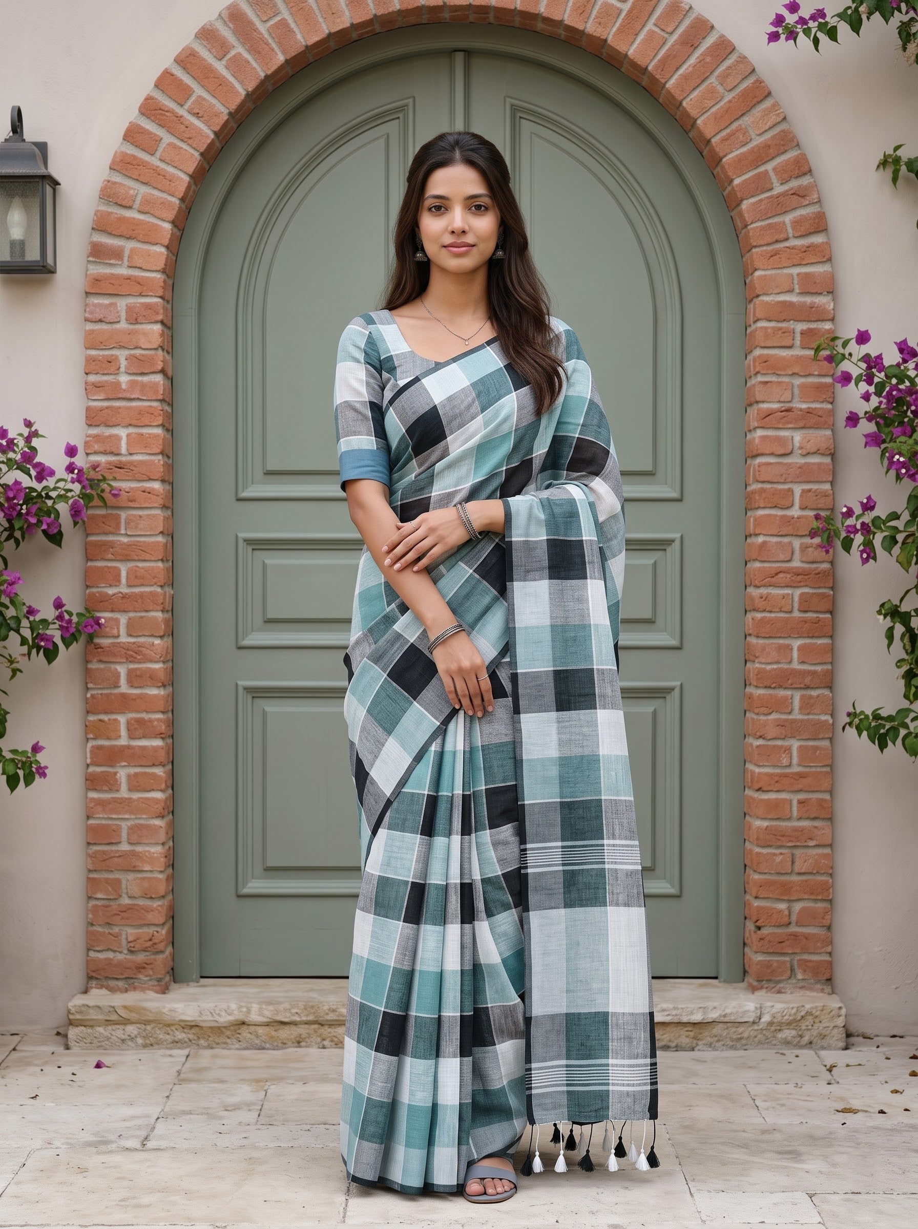 Linen Teal Grey Black Madras Kattam Tasseled Saree