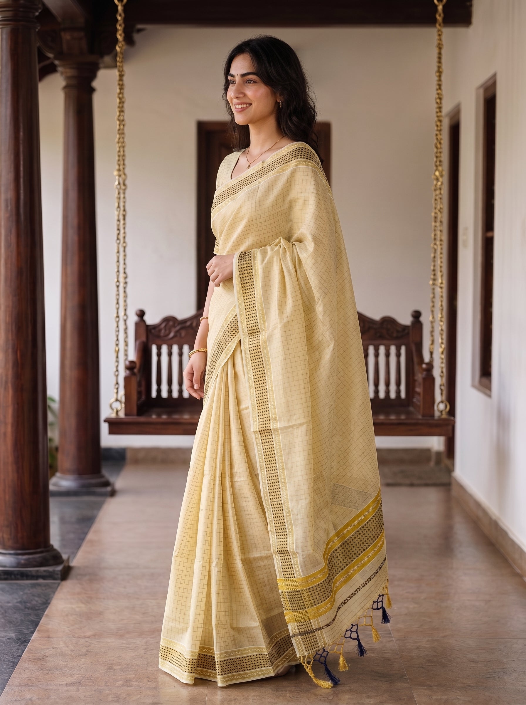 A woman wearing a light yellow checkered saree with a yellow and black border, standing in a traditional indoor corridor with wooden pillars and hanging swings.