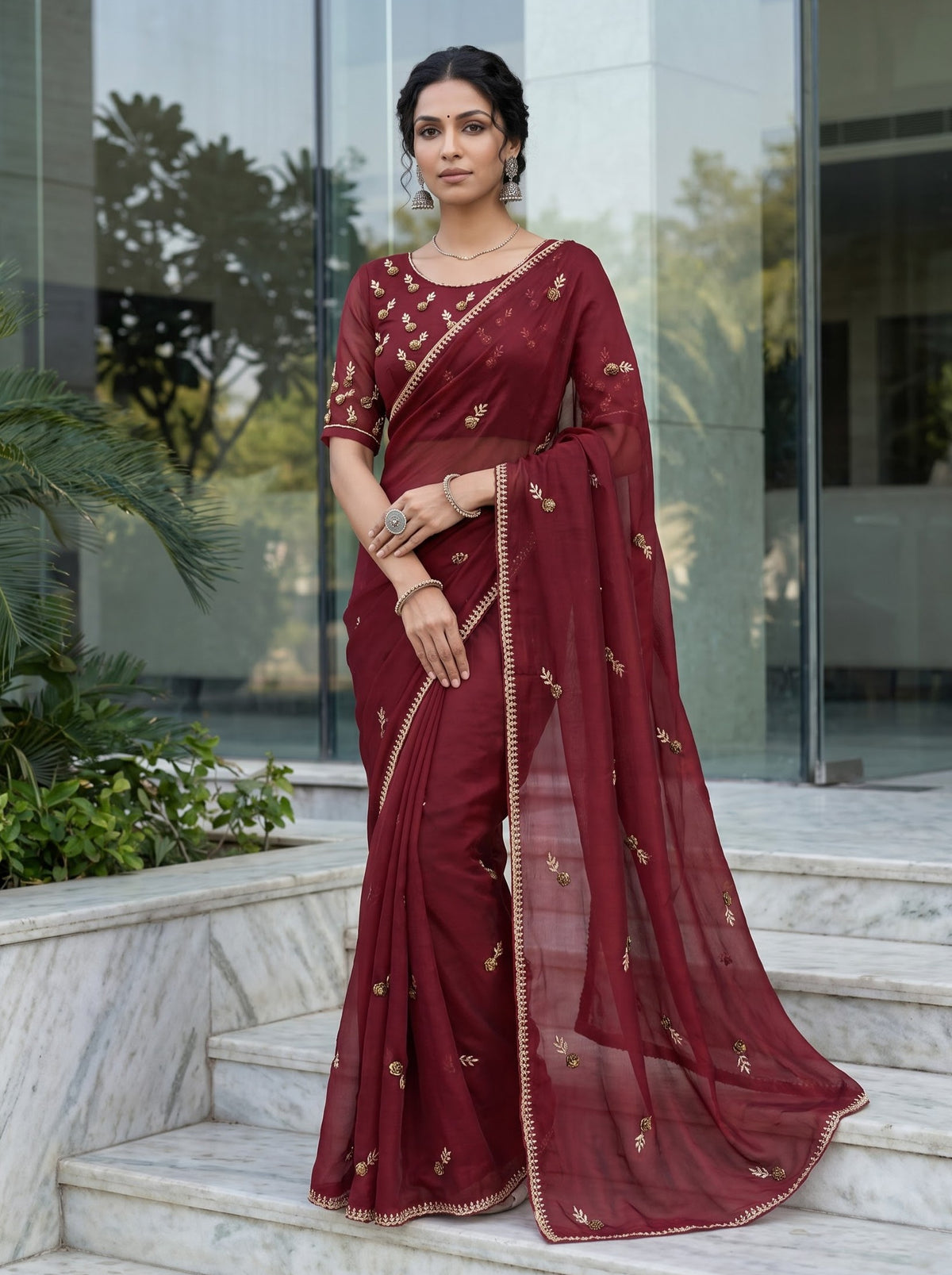 Chiffon Maroon Golden Bead Floral Spray Saree