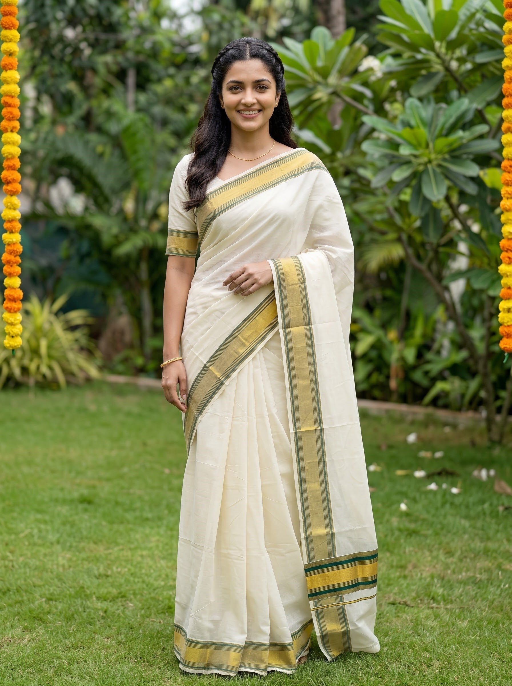 Cotton Cream Plain with Golden Green Striped Border Onam Special Kerala Kasavu Saree