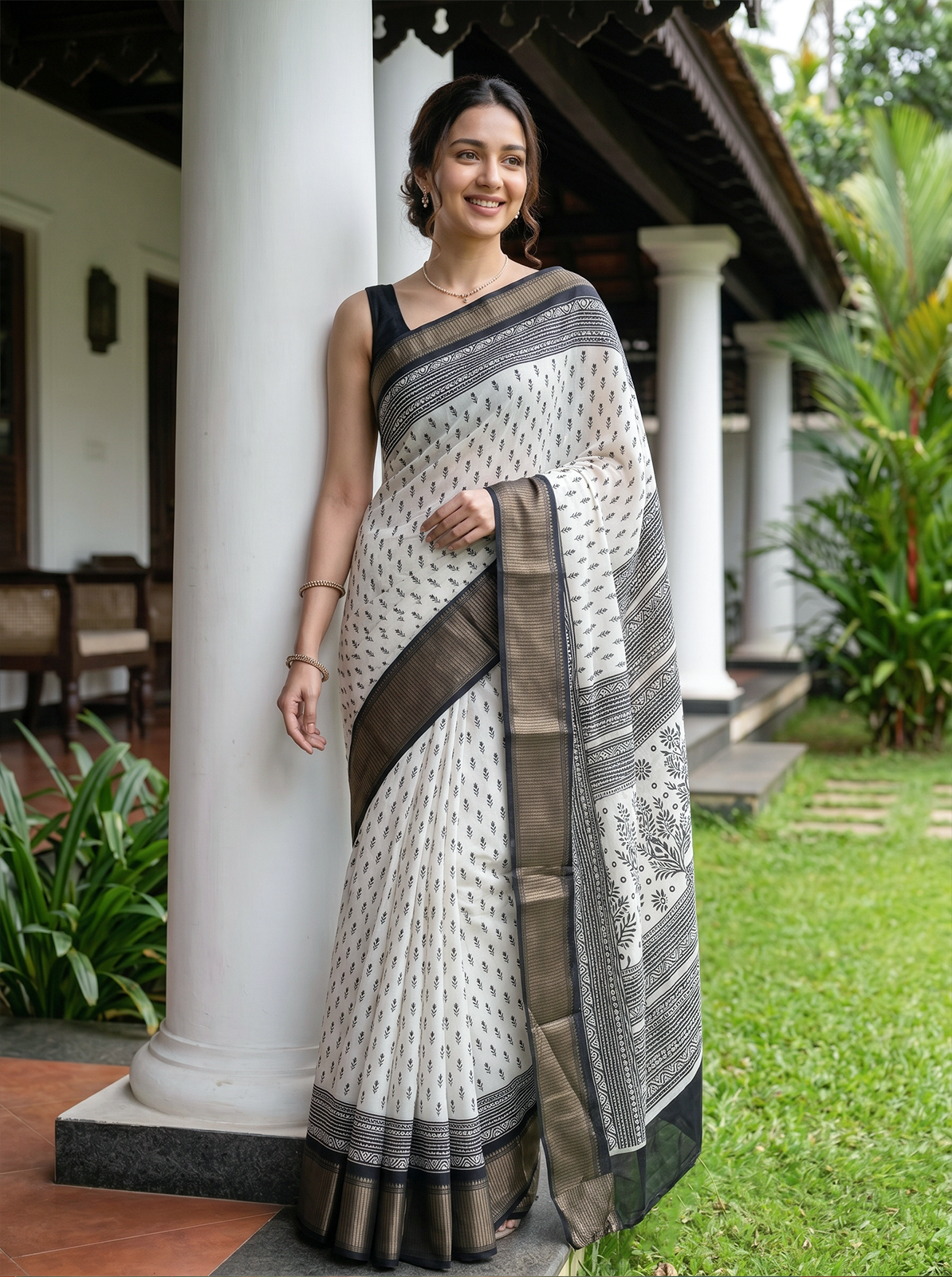 Woman wearing a traditional saree in an outdoor setting with greenery and a building.
