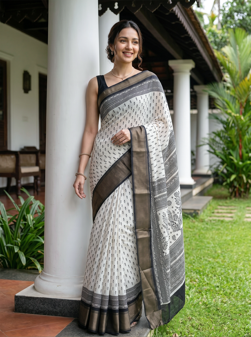 Woman wearing a traditional saree in an outdoor setting with greenery and a building.