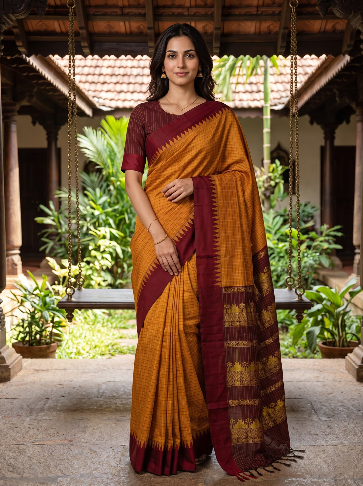 Kalyani Cotton Mustard Orange Checks Maroon Pallu Golden Zari Woven Lotus Temple Border Saree