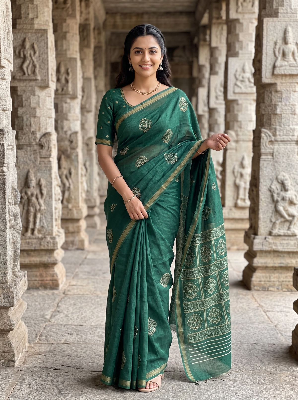 Semi Tussar Forest Green Saree with Traditional Tulip Floral Block Pallu and Zari Edge