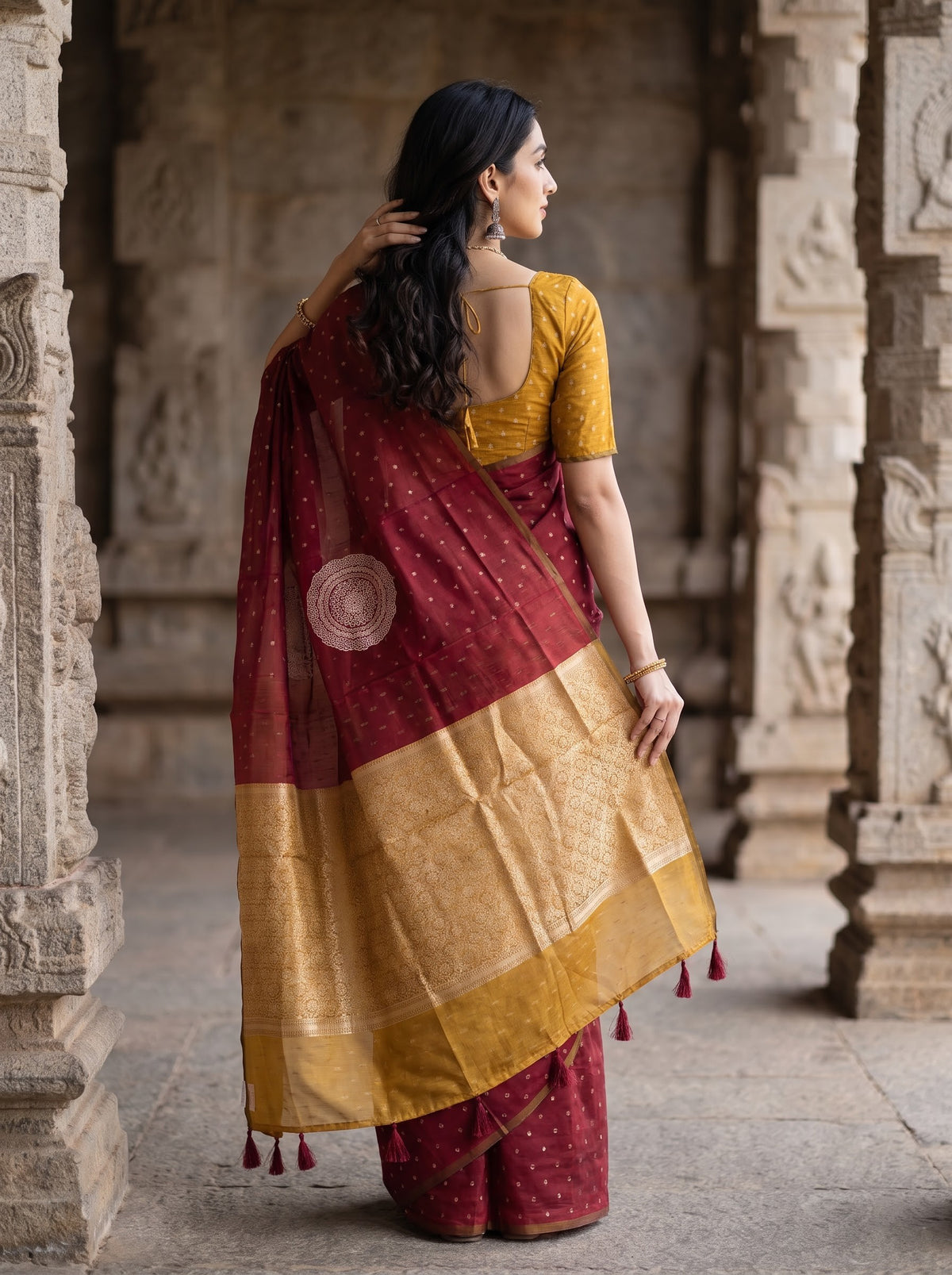 Cotton Silk Maroon Golden Polka Dot Mandala Mustard Brocade
