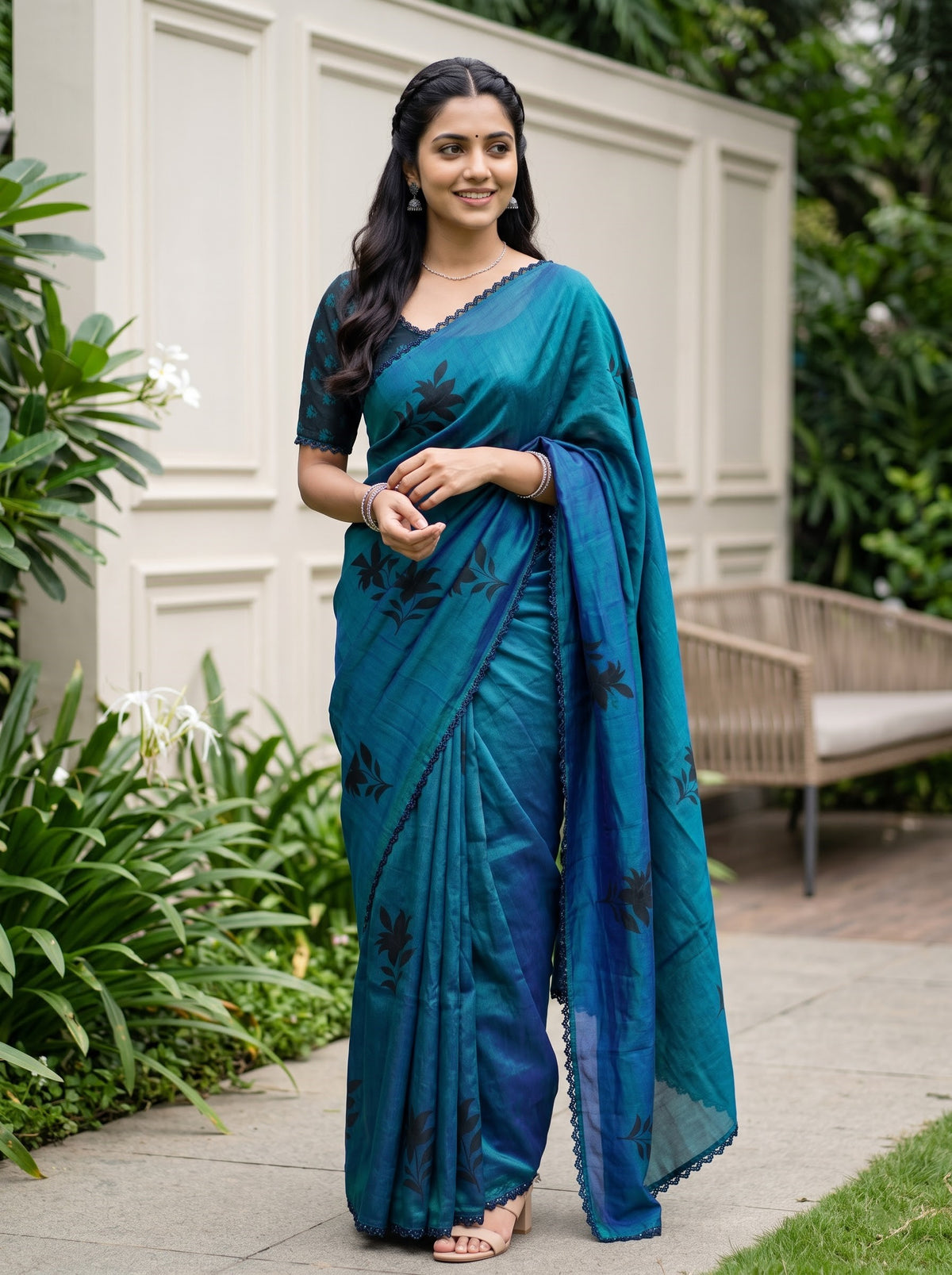 Organza Peacock Blue Black Lily Floral Butta Printed Saree with Beaded Zigzag Border