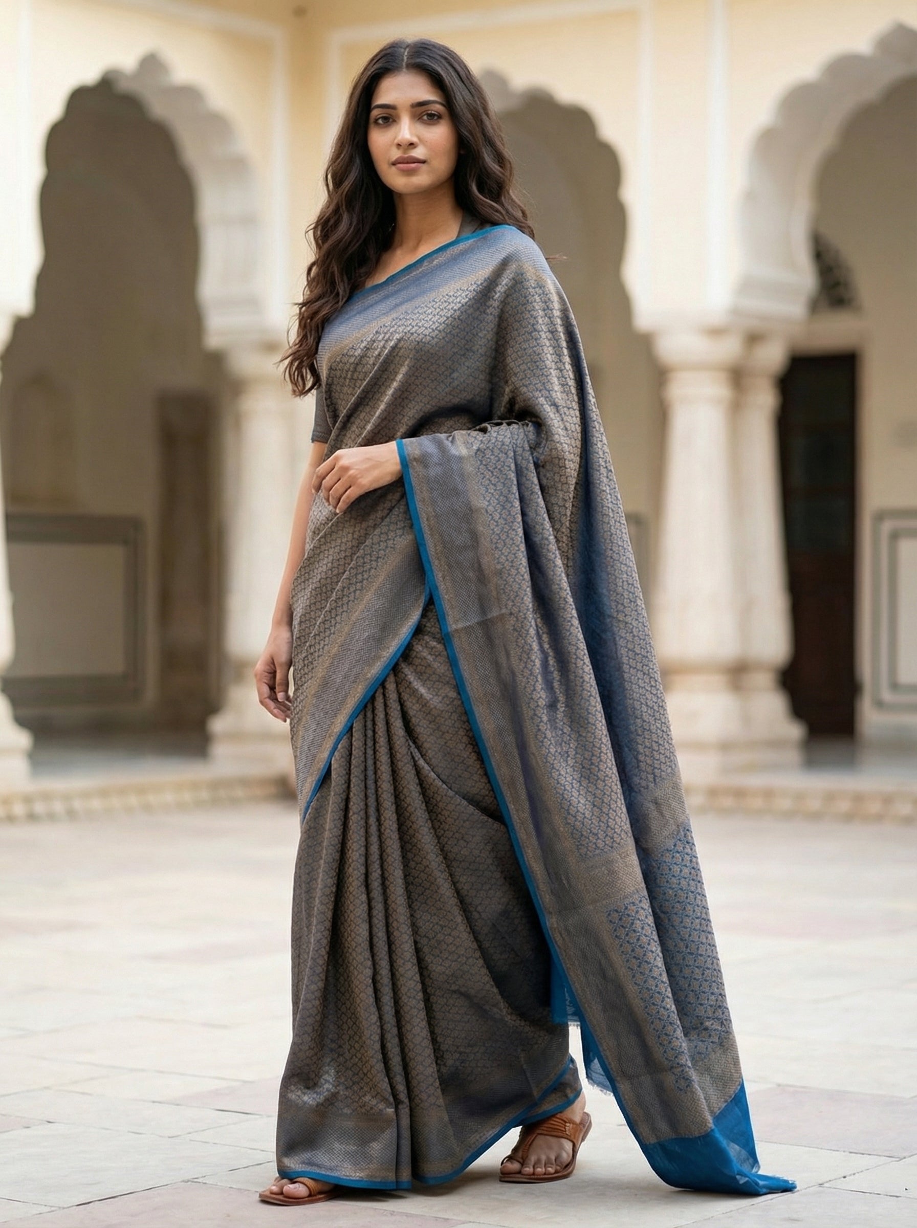 Tusser Silk Blue Gold Zari Weave Saree