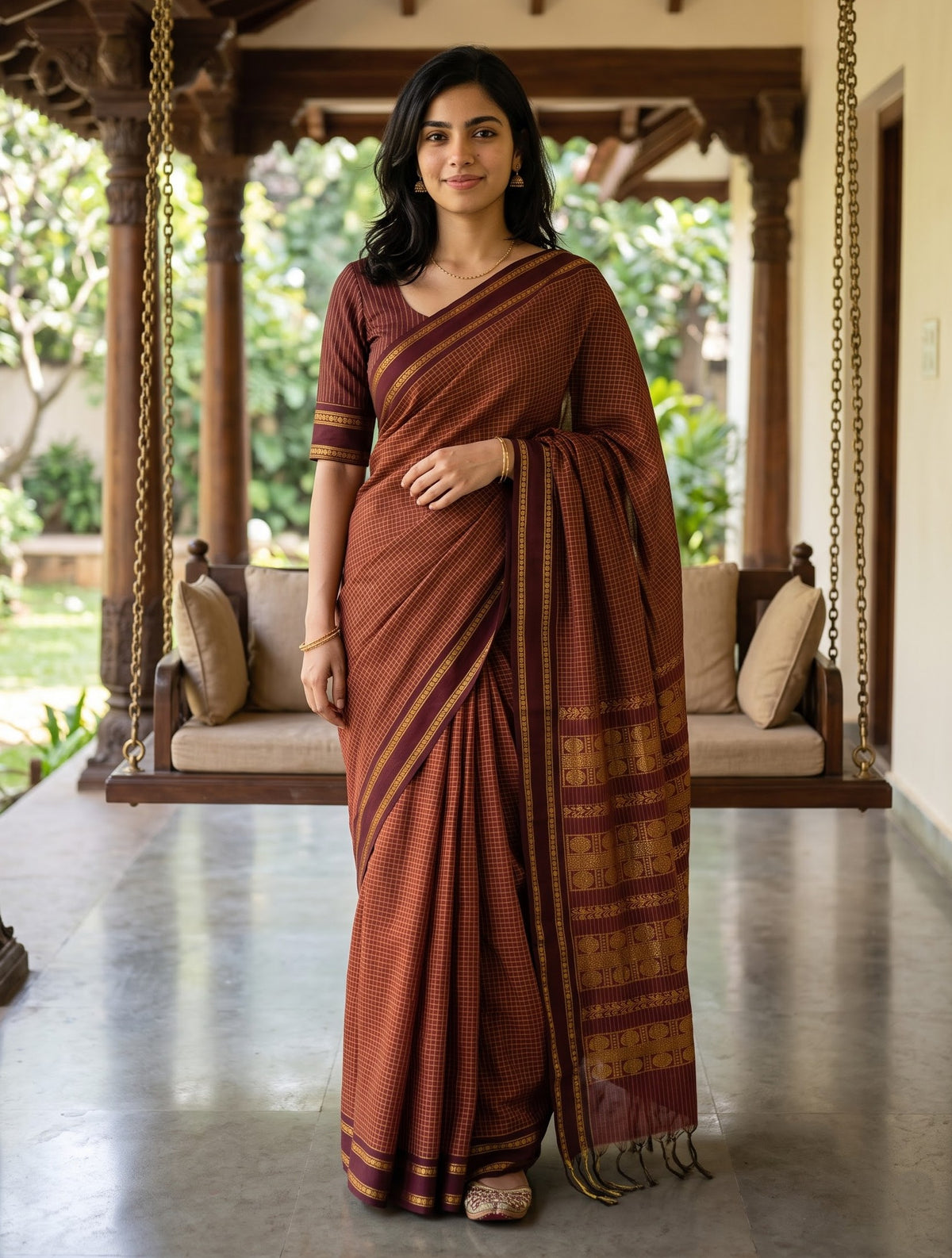 Kalyani Cotton Maroon Golden Zari Checks Woven Medallion Pallu Temple Border Saree