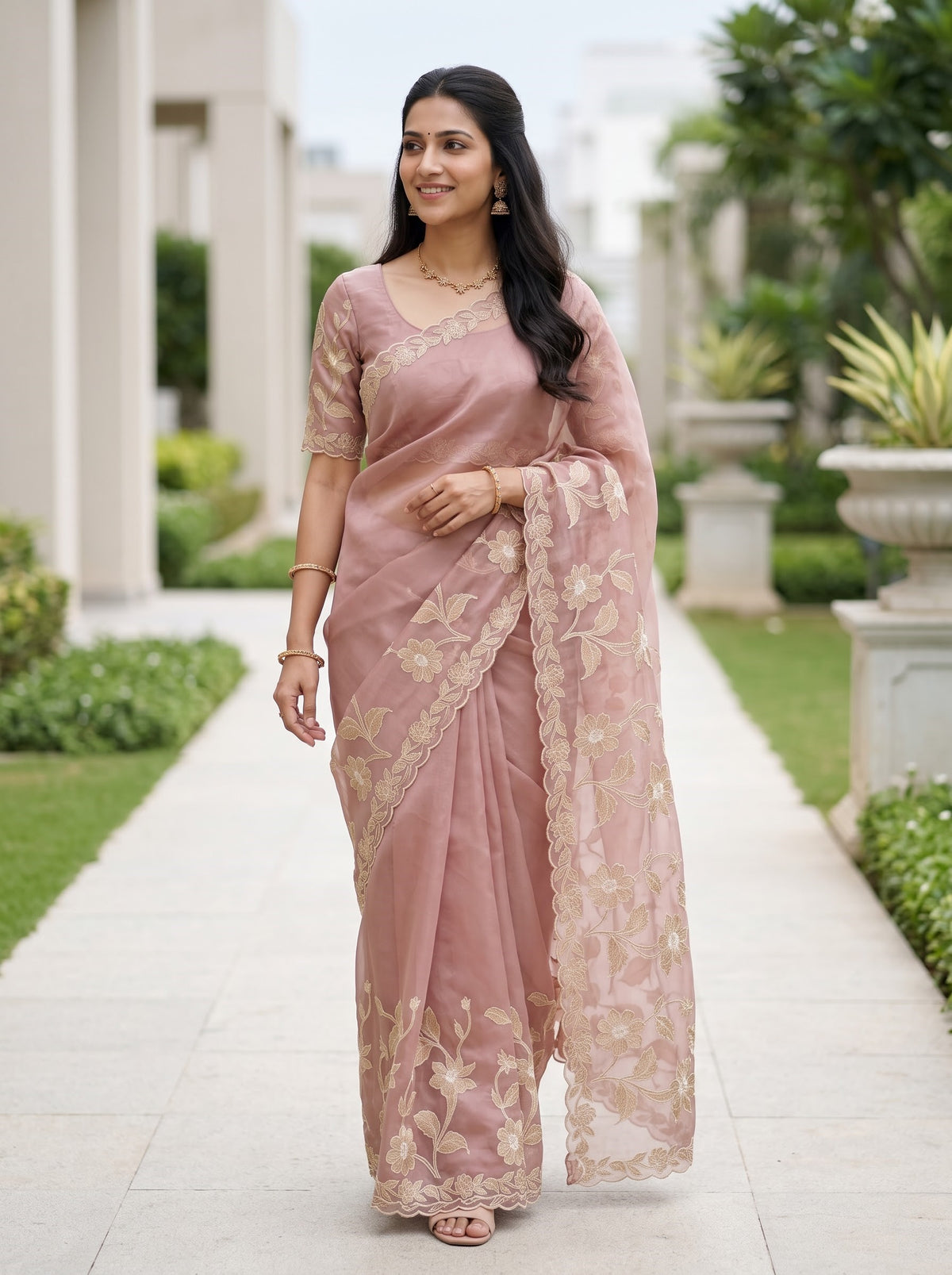 Organza Blush Pink Golden Floral Vine Scalloped Border Saree