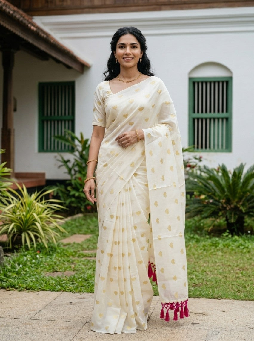 A woman wearing a cream-colored cotton saree with small gold floral prints and red tassels, standing in front of a white house with green shutters.