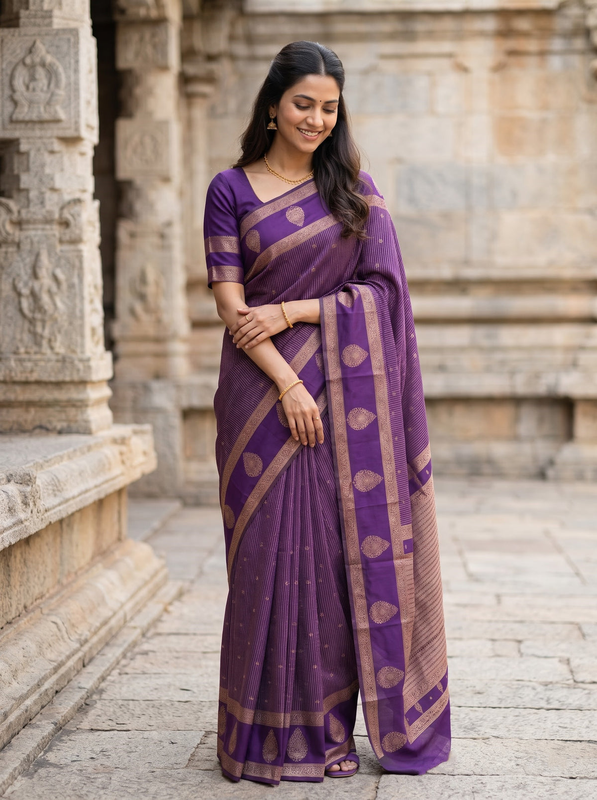 Semi Silk Purple Golden Zari Striped Saree with Floral Butta, Paisley Border and Rich Zari Pallu