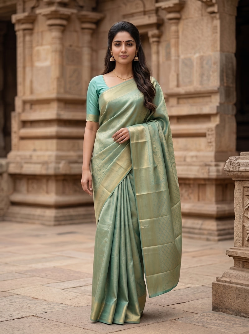 A woman wearing a sage green silk saree with a matching green blouse, standing in front of a historic stone temple structure.