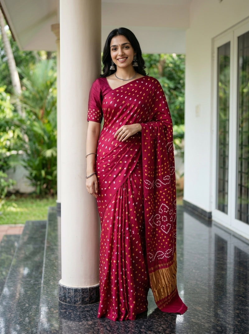 Modal Rani Pink Bandhani Dotted Print Saree