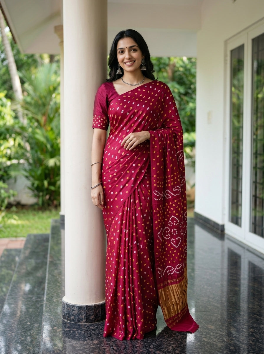 Modal Rani Pink Bandhani Dotted Print Saree