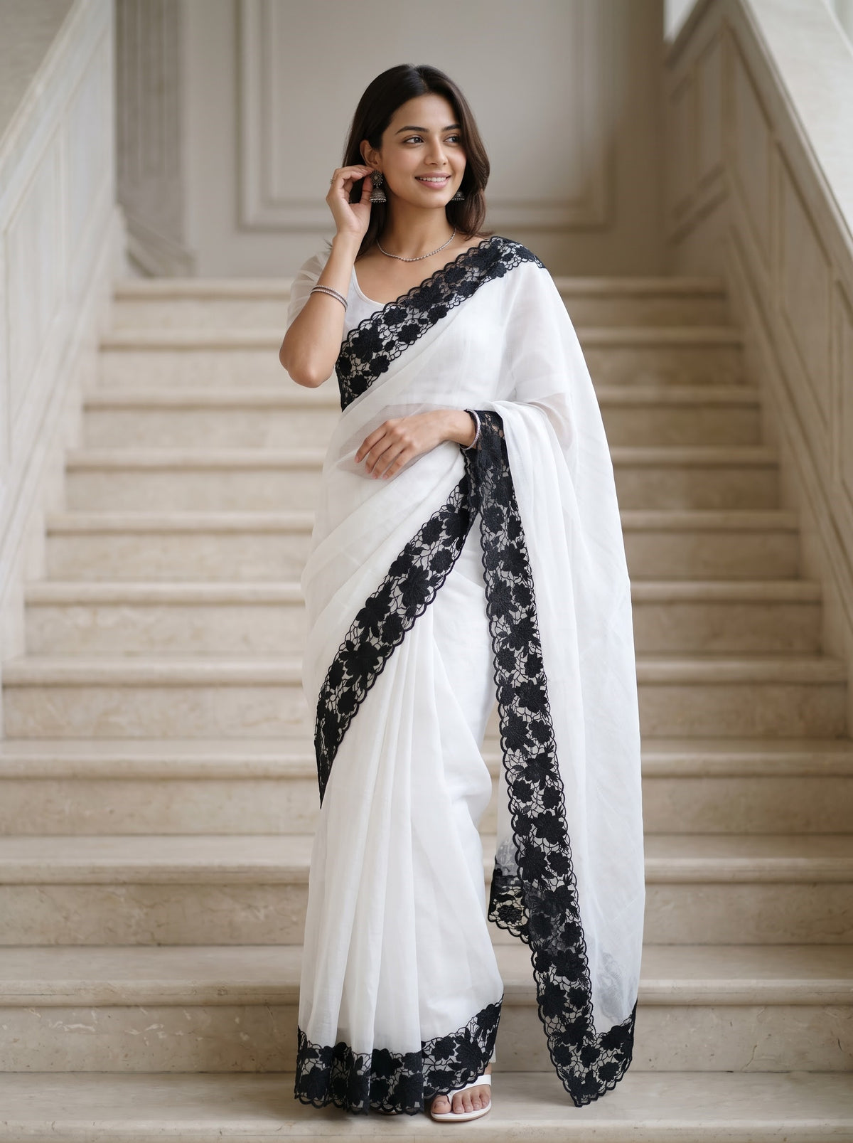 Organza White Black Lace Applique Floral Scalloped Border