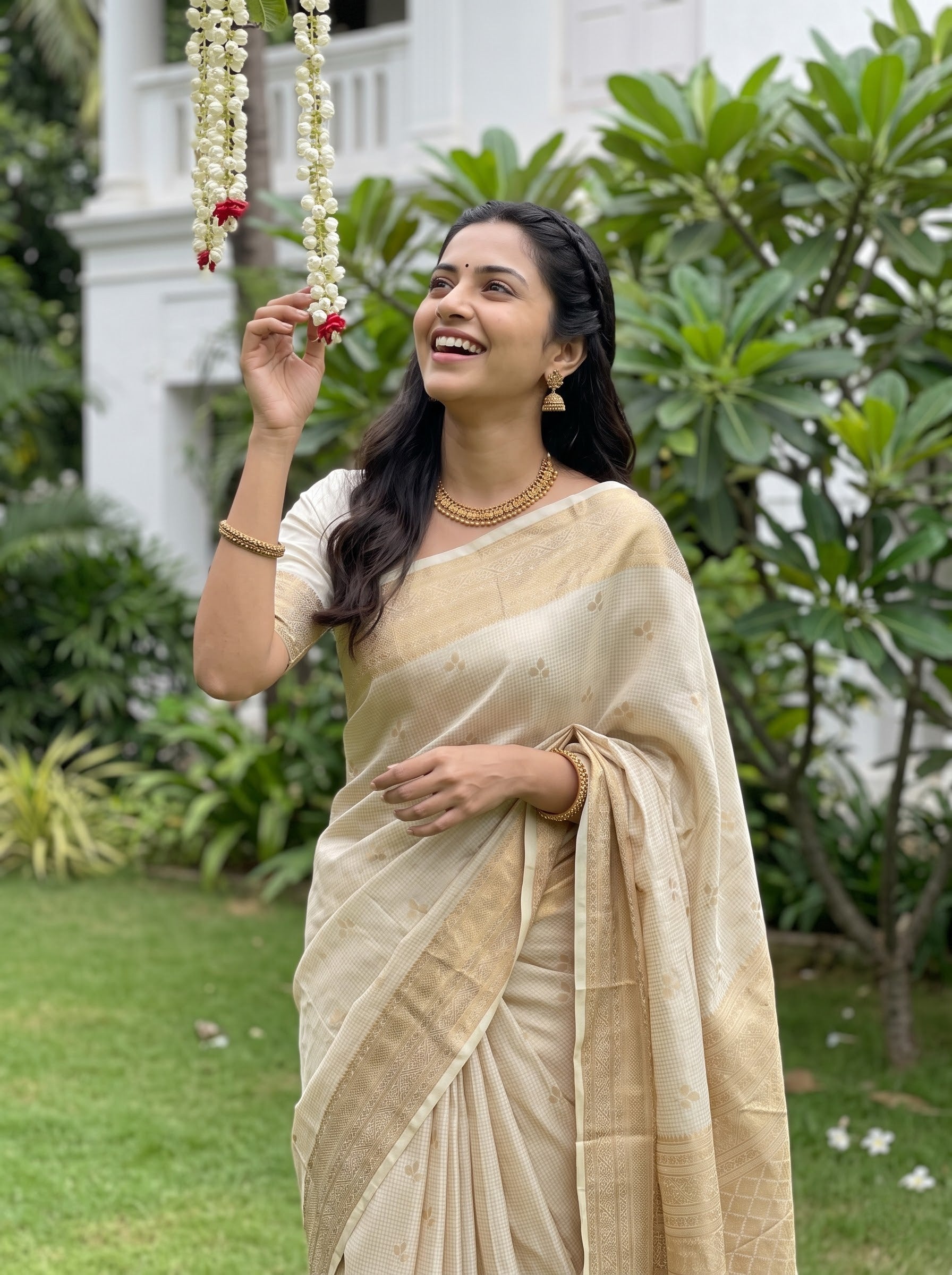 A woman wearing a light beige and cream silk saree stands in a lush green garden, smiling as she holds up a white flower garland.