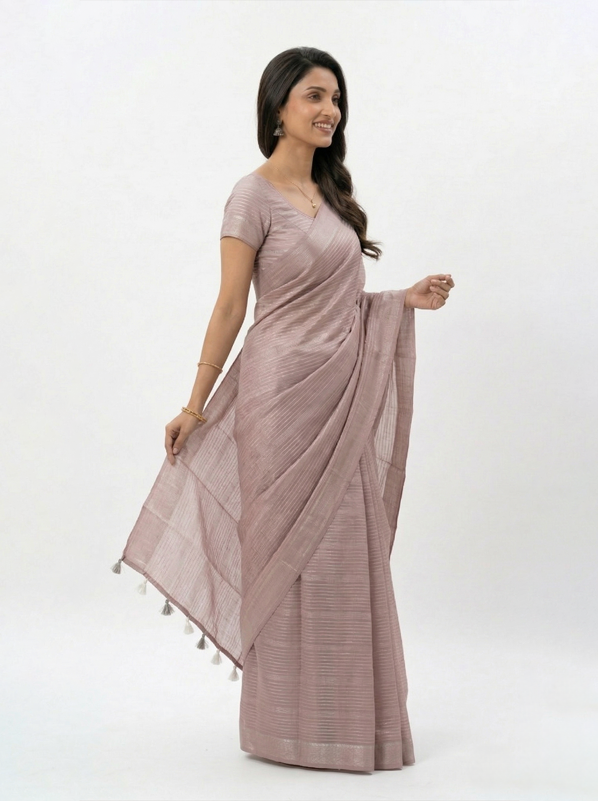 Semi Silk Soft Pink Self Stripe Saree