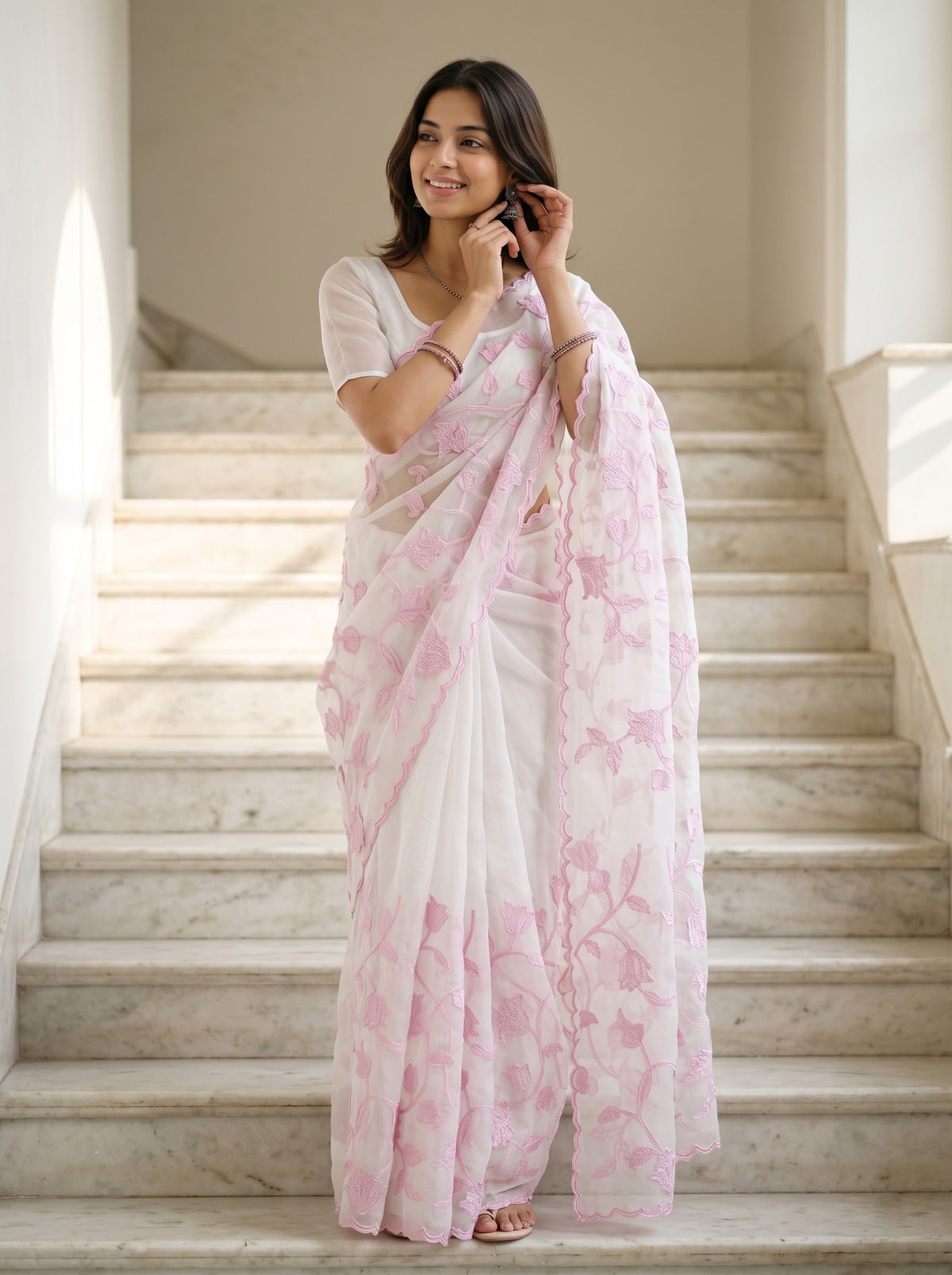 Organza White Pink Floral Vine Rosebud Embroidery Scalloped Edge