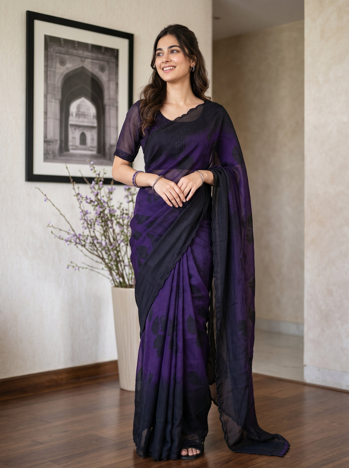 Organza Black Purple Ombre Saree with Tone on Tone Rose Floral Print and Black Stone Beaded Scalloped Border