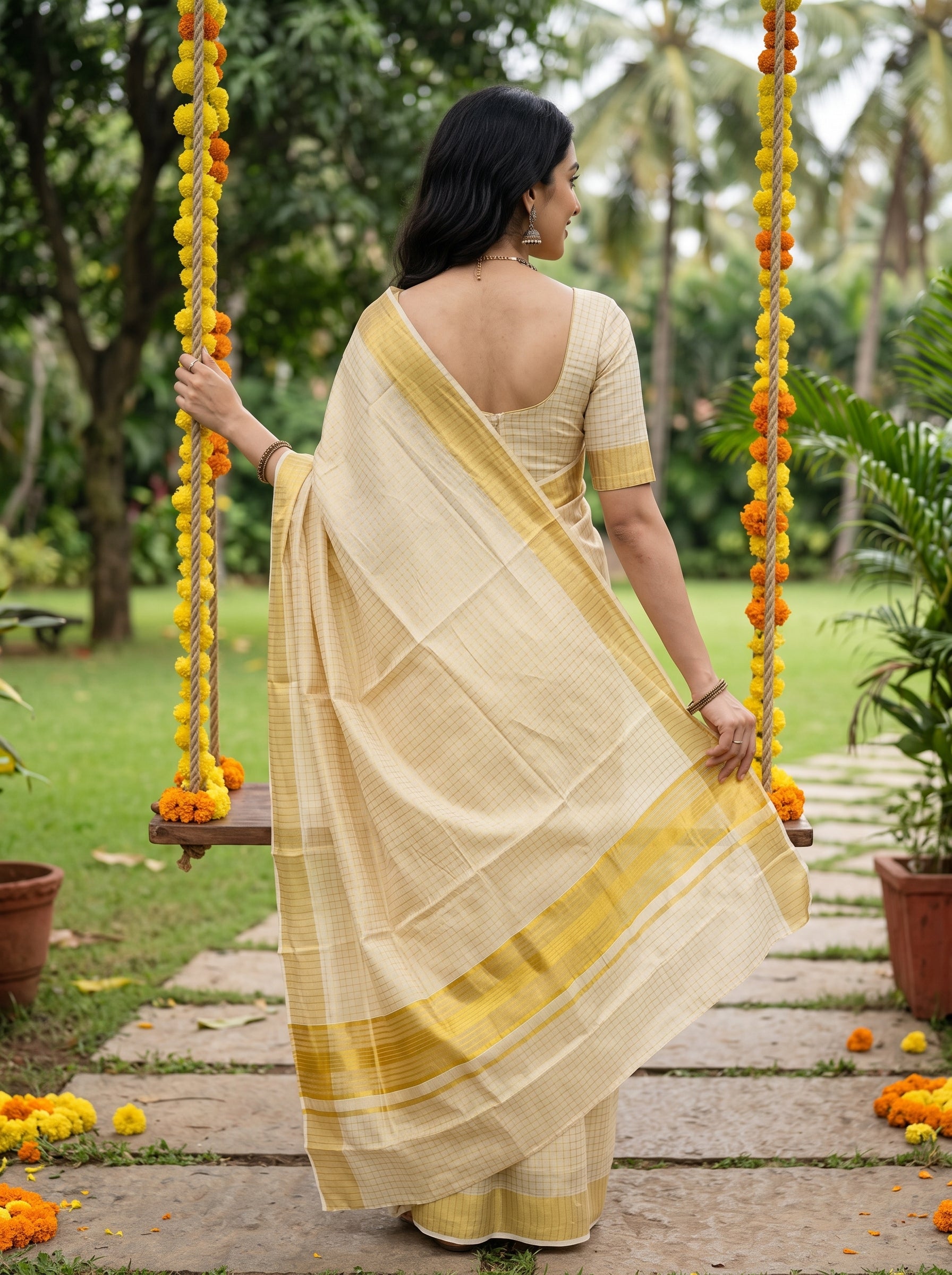 A woman wearing a cream-colored checkered saree with a yellow border and a matching cream blouse stands on a stone path in a garden, holding a swing decorated with yellow and orange marigold garlands.