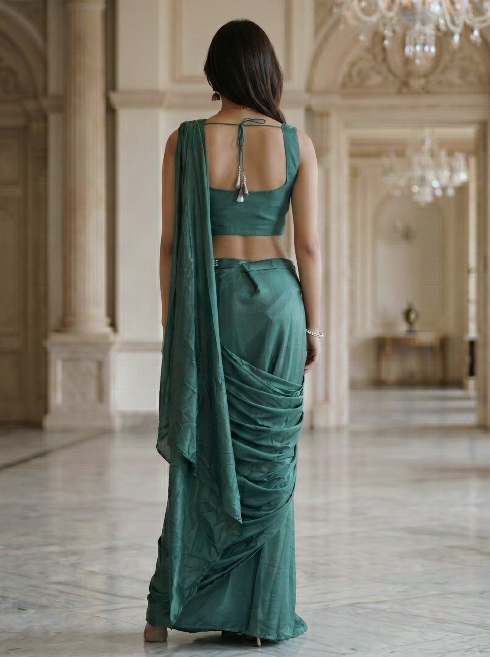 Satin Organza  Emerald Green Ready-to-Wear Designer Saree with Crystal Embellished Blouse