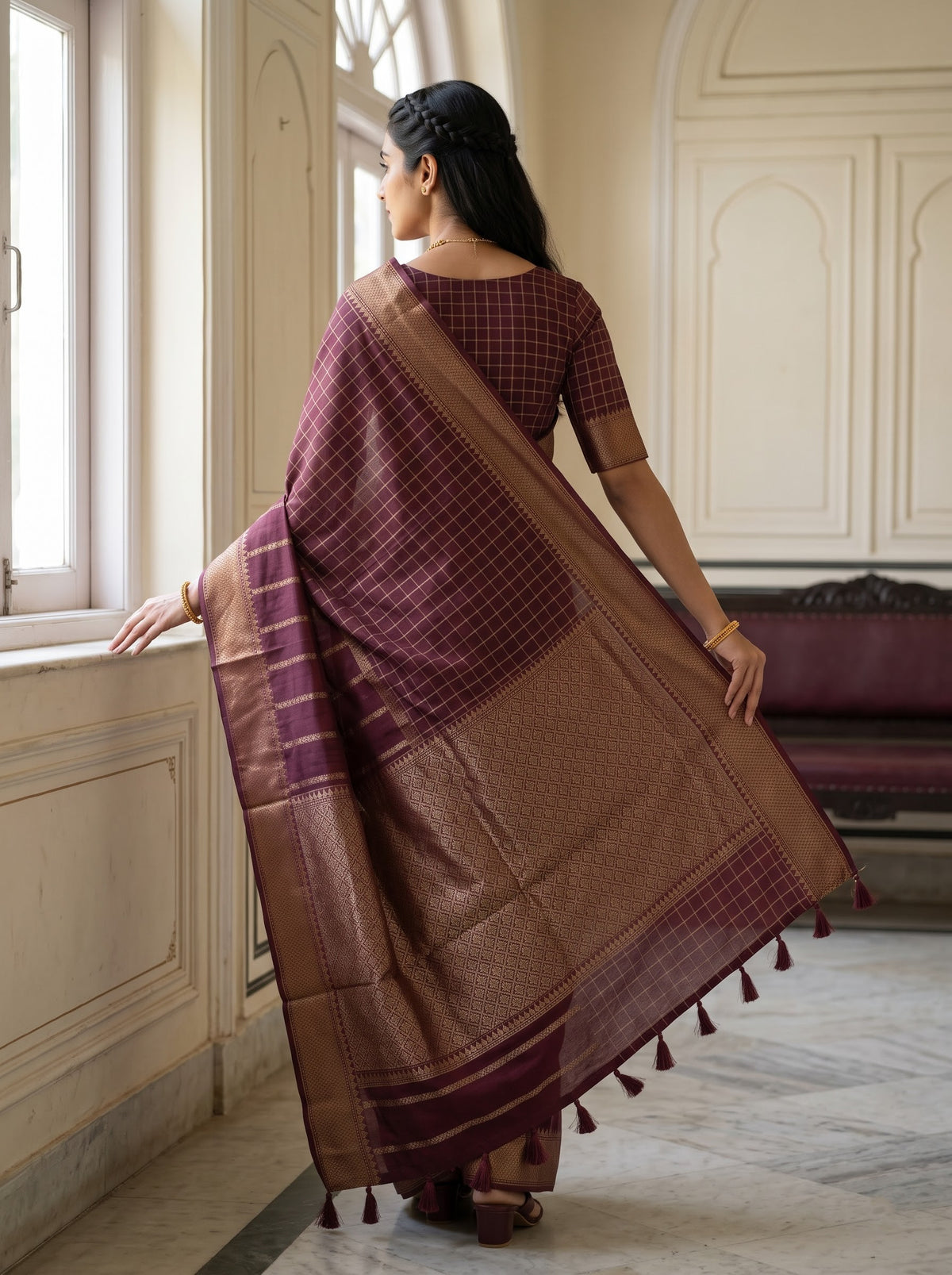 Matka Maroon Silk Saree with Checkered Stripe Zari Border
