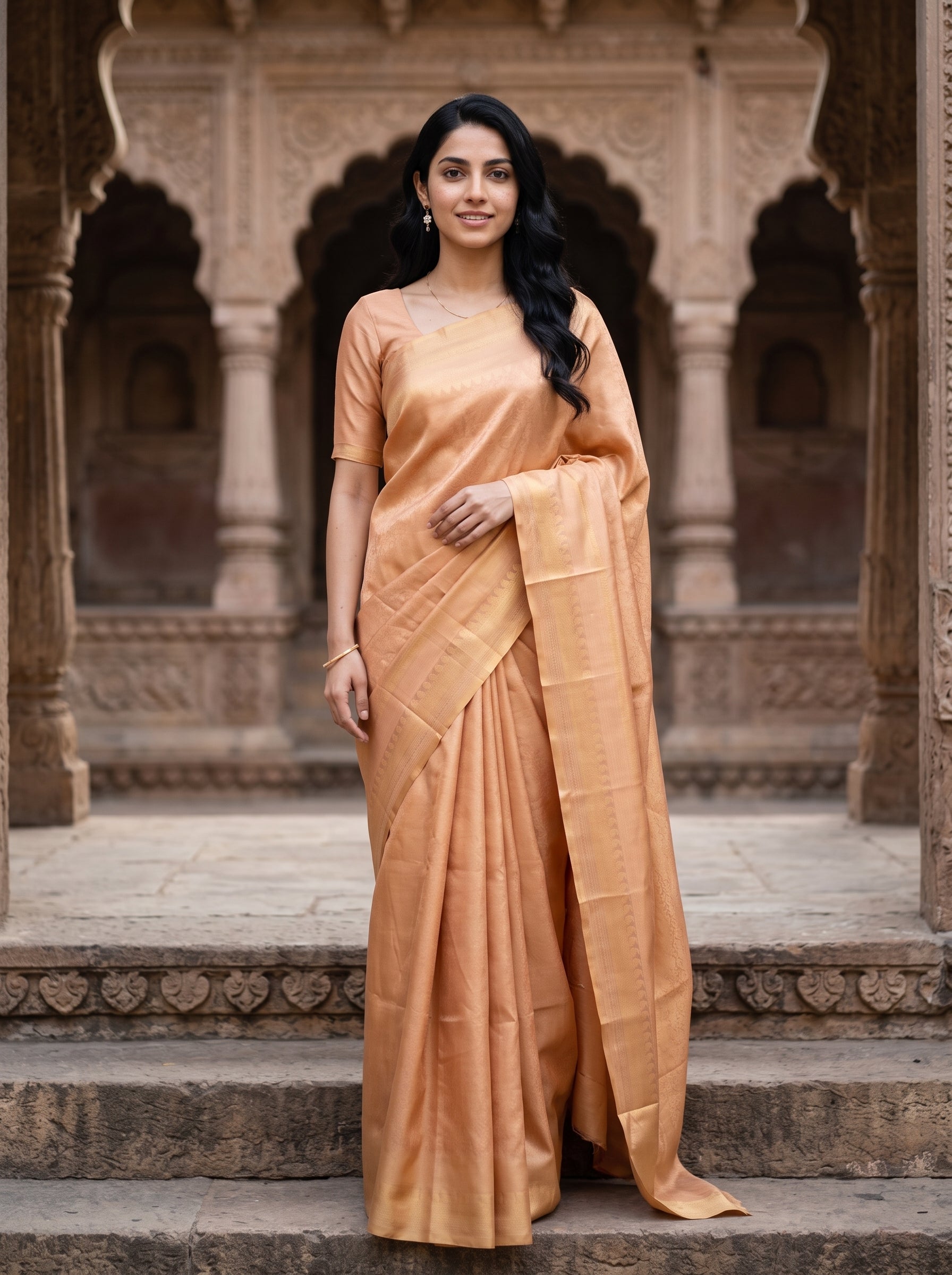 A woman wearing a peach-colored silk saree stands in front of an ornate stone archway. The saree has a subtle sheen and is paired with a matching short-sleeve blouse.