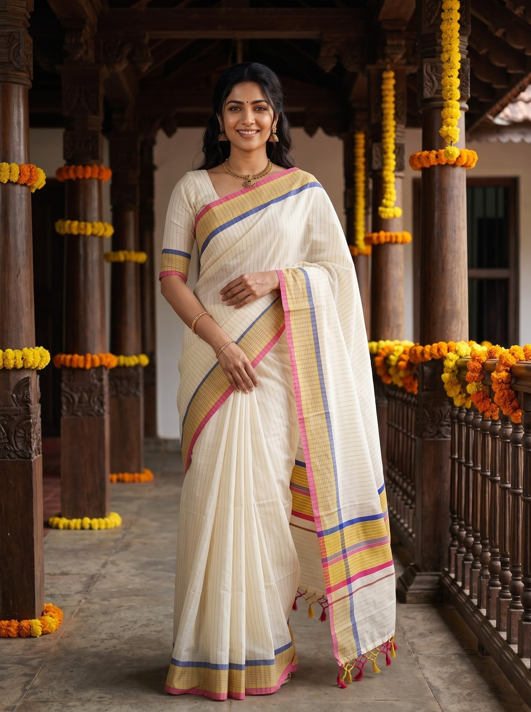 Cotton Cream Pinstripe with Pink Navy Gold Checked Border Onam Special Kerala Saree