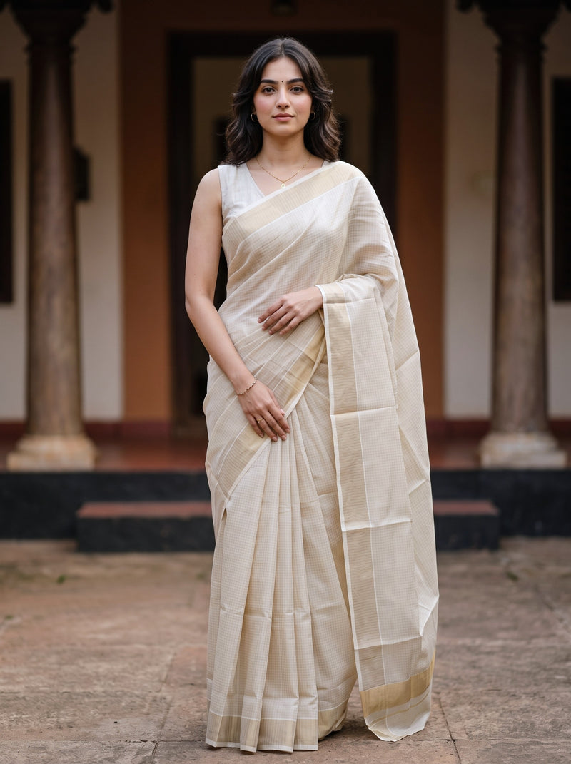 Woman wearing a white saree with a traditional setting