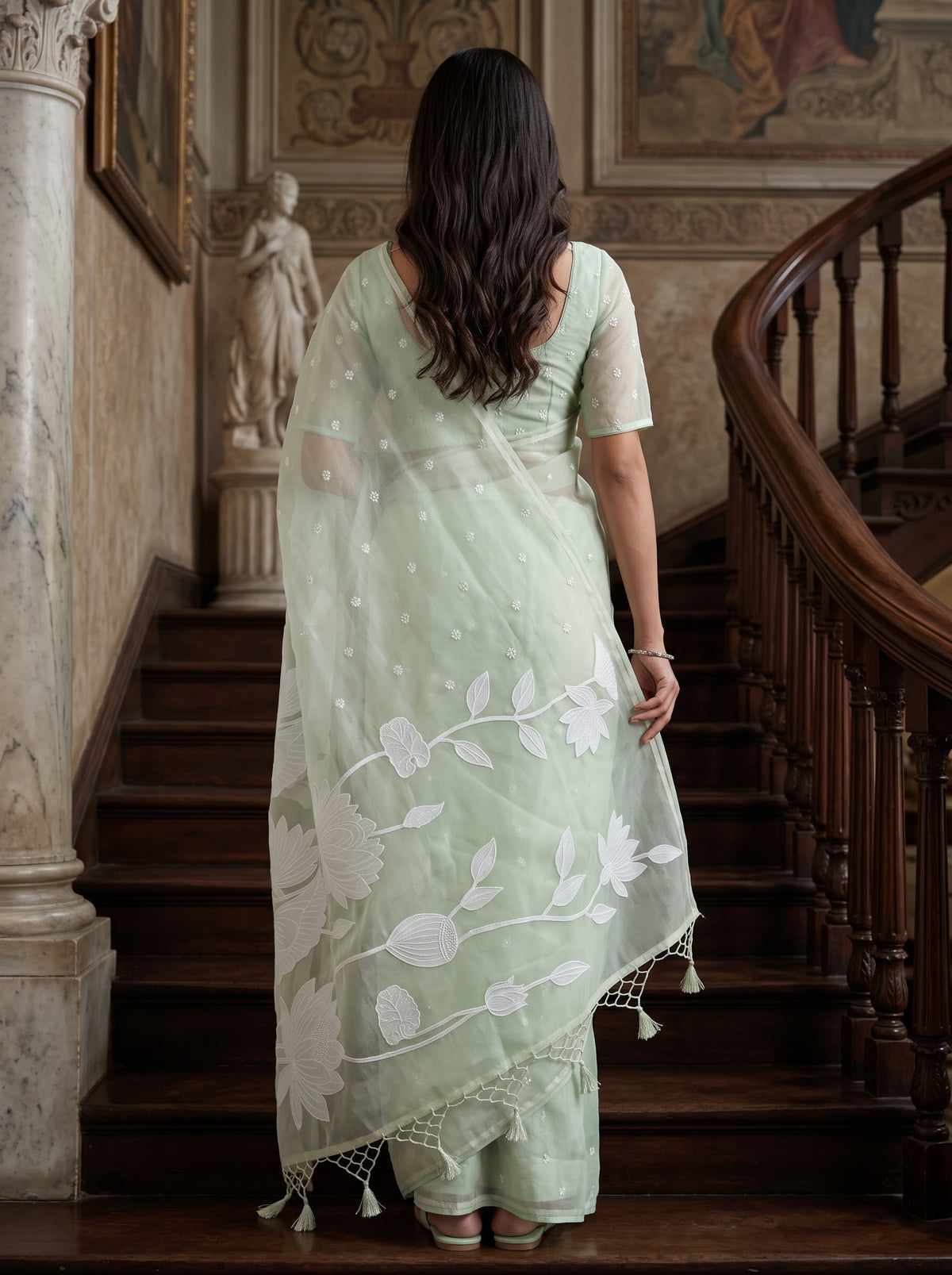 Organza Pista Green Lotus Embroidered Tassel Saree
