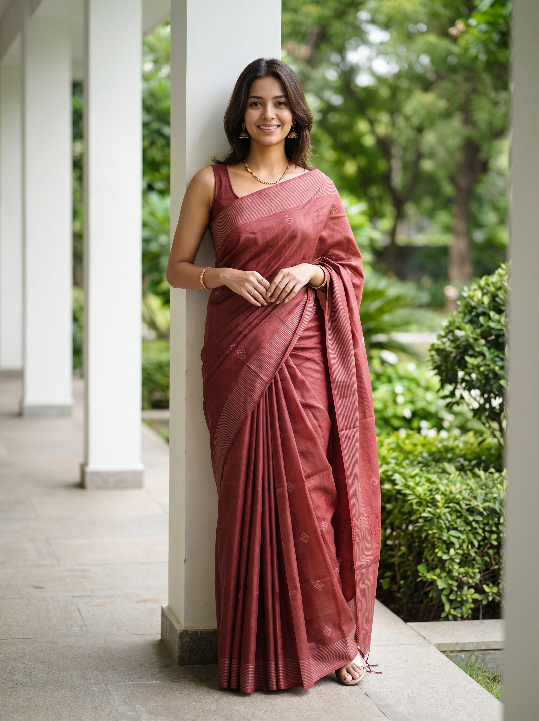Tussar Rust Maroon Self Butti Saree with Striped Border