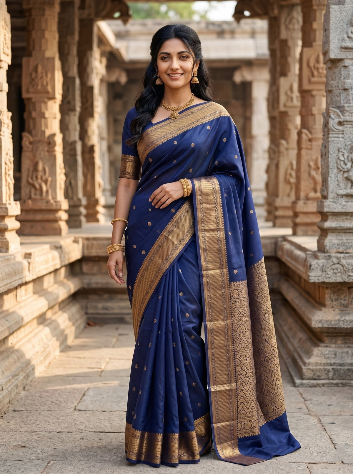 Semi Silk Navy Blue Saree with Golden Zari Woven Pallu and Butta Body