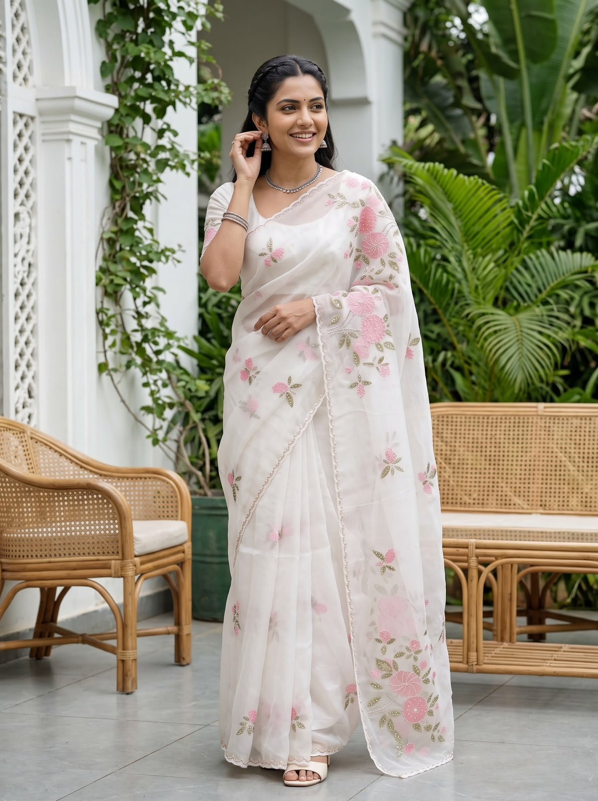 Organza White Saree with Sequin Flower Vine Embroidery