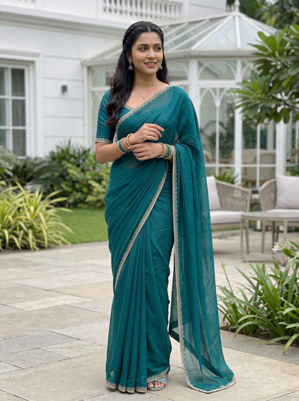 Chiffon Peacock Green Saree with Crystal Embellished Teardrop Lace Border and Plain Body