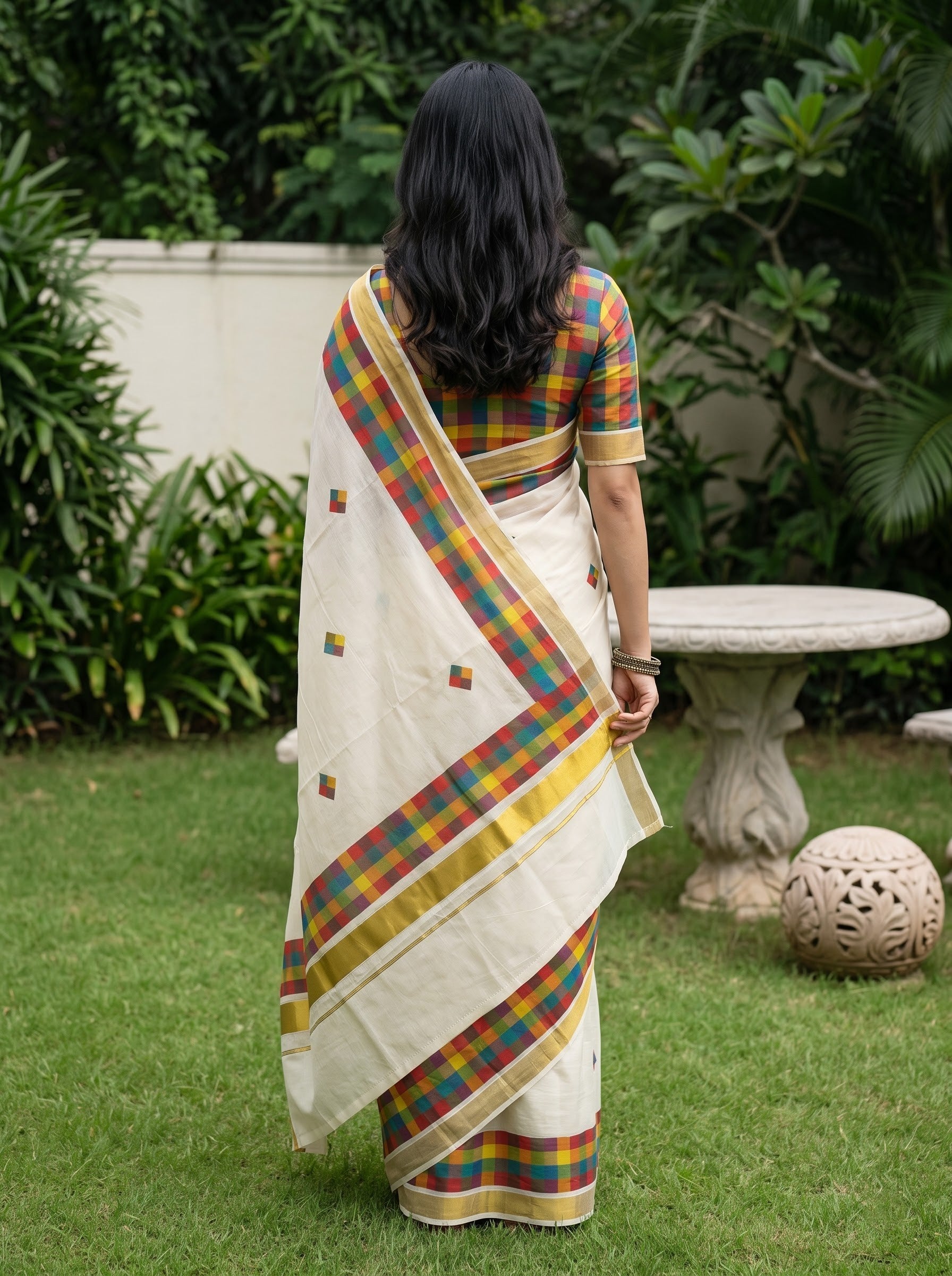 Cotton Cream Plain with Multicolor Checkered Border and Booti Onam Special Kerala Saree