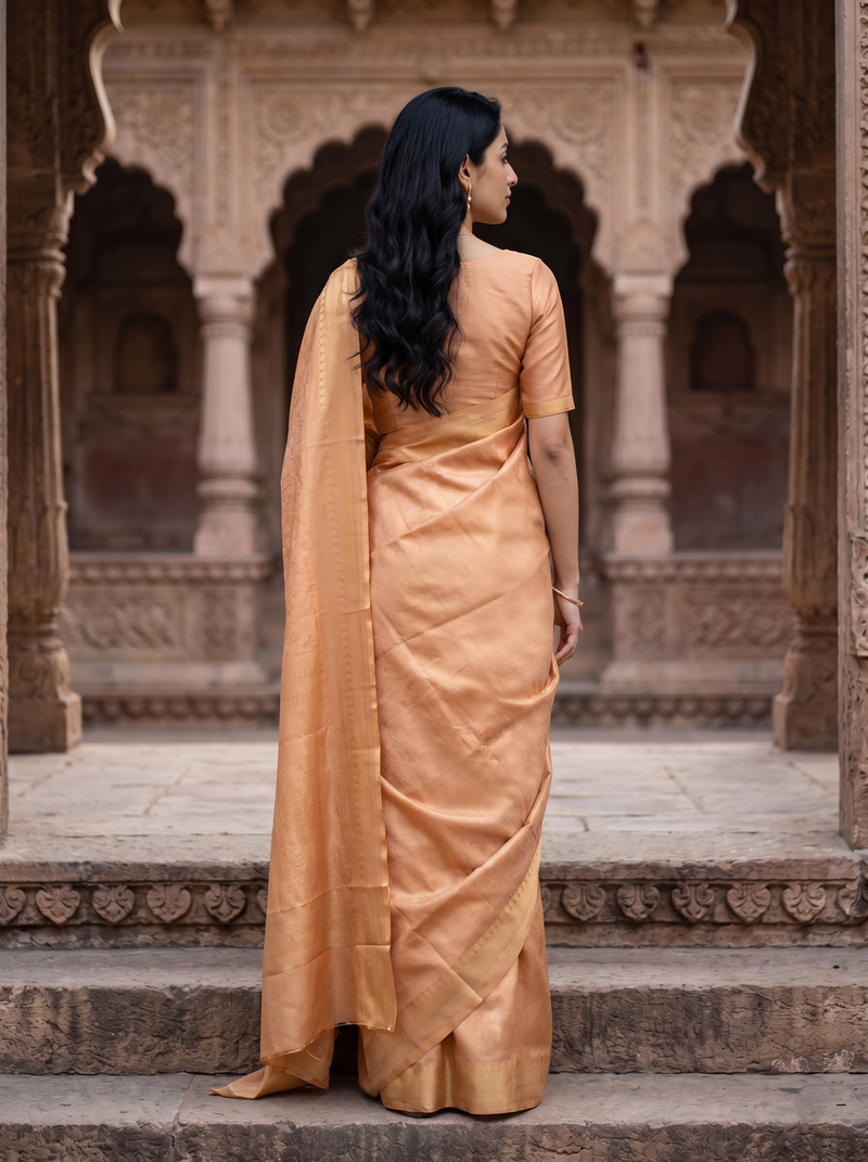 A woman wearing a peach-colored silk saree with a matching blouse, standing on stone steps in front of an ornate carved archway.