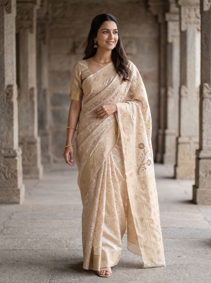 A woman wearing a light beige embroidered saree with a matching short-sleeve blouse, standing in a stone corridor.